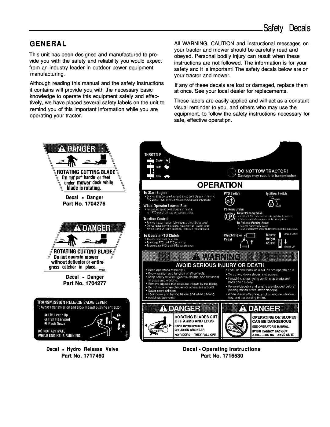 Simplicity 1693264, 1693266 manual Safety Decals, G E N E R A L, Decal - Danger, Decal - Operating Instructions 