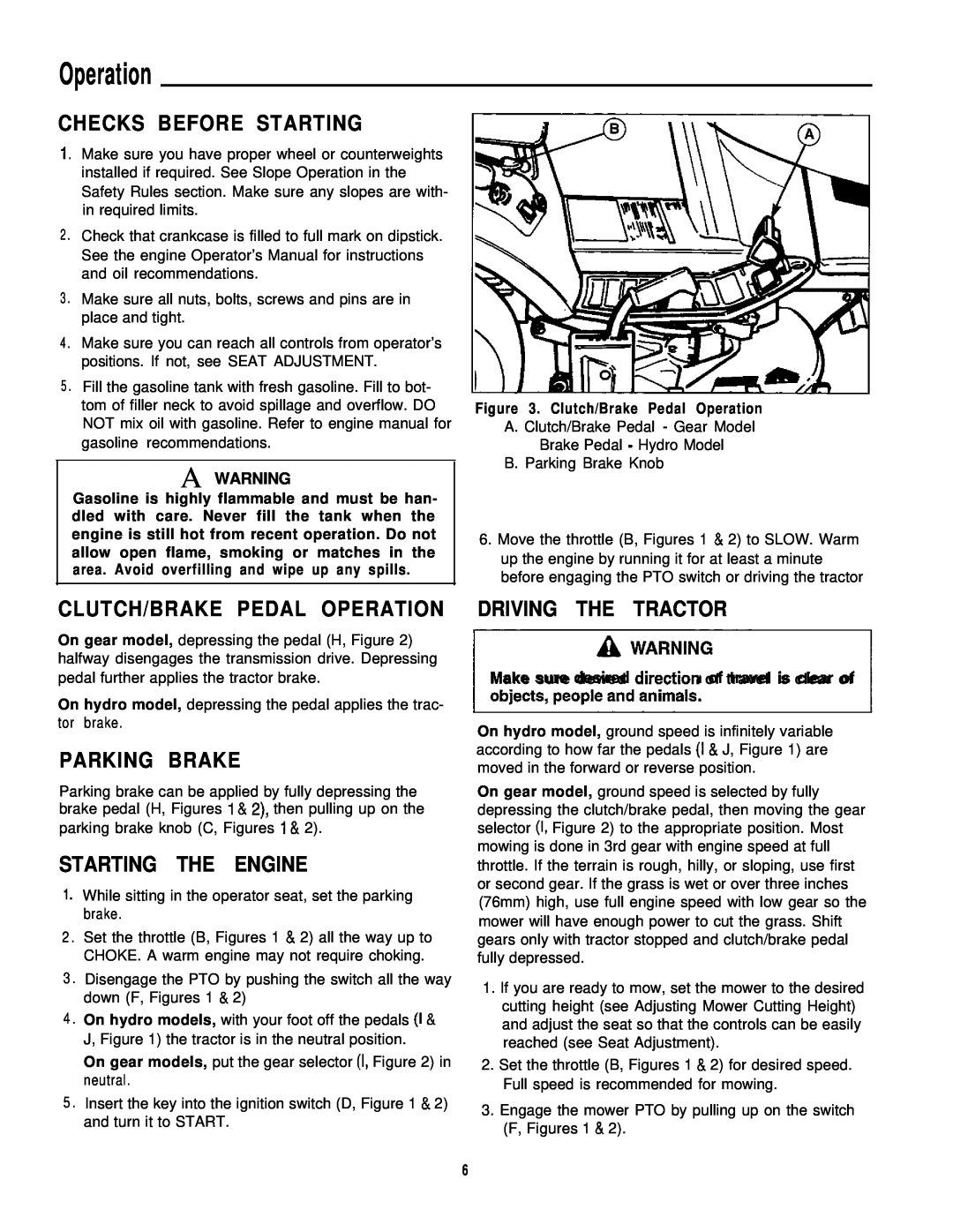 Simplicity 1693266, 1693264 Checks Before Starting, Clutch/Brake Pedal Operation, Parking Brake, Starting The Engine 