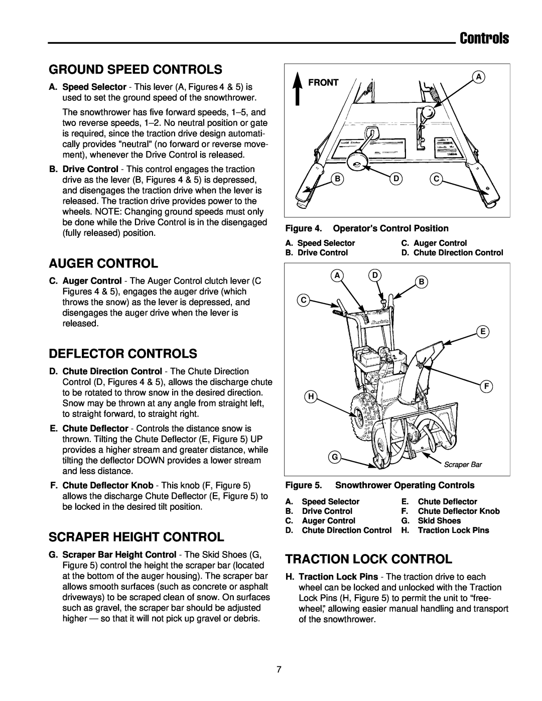 Simplicity 1693163 555M manual Ground Speed Controls, Auger Control, Deflector Controls, Scraper Height Control, Front 