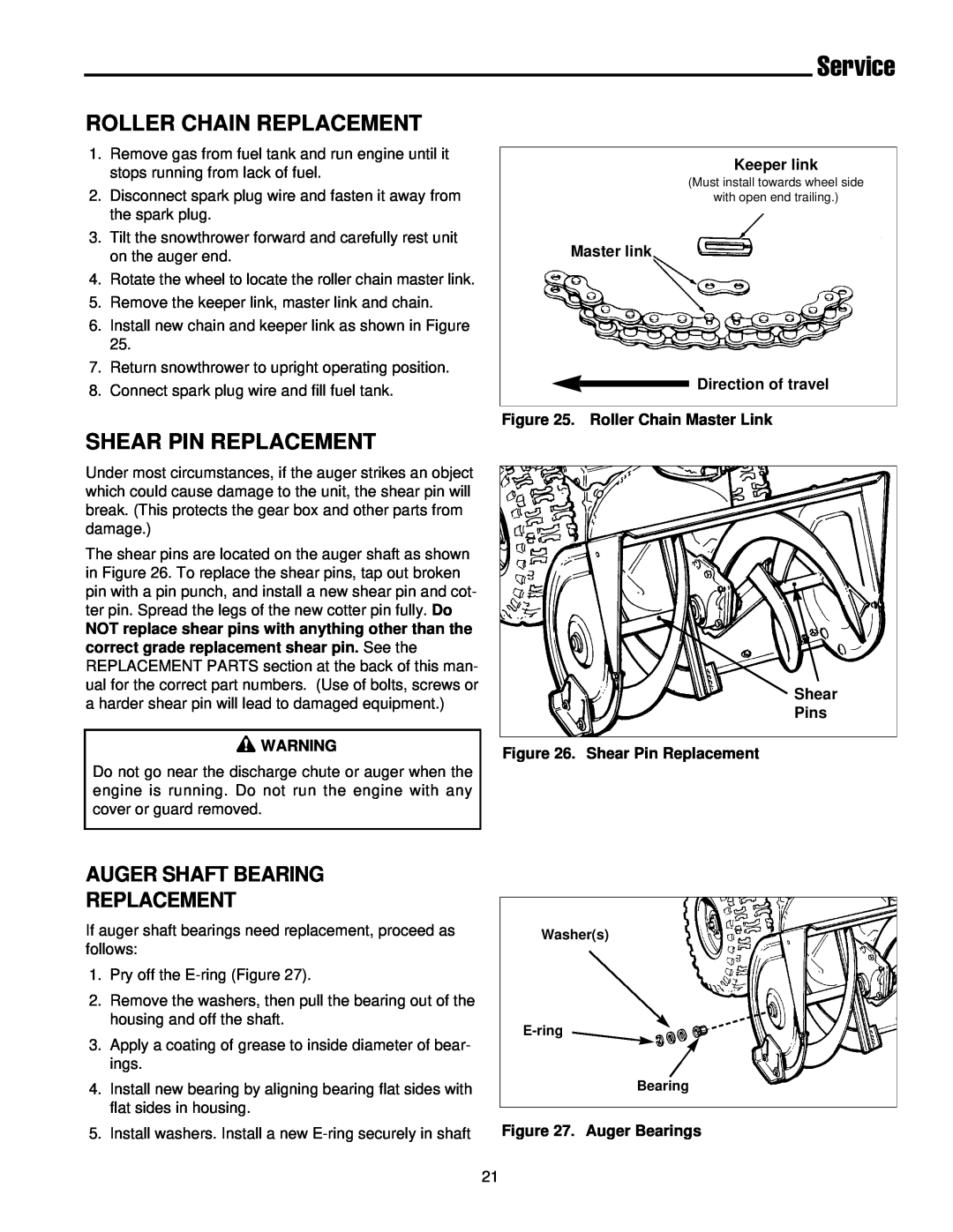 Simplicity 1693425 555M manual Roller Chain Replacement, Shear Pin Replacement, Auger Shaft Bearing Replacement, Service 