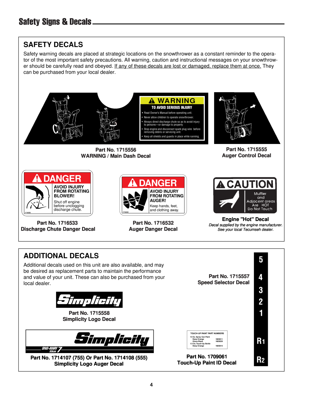Simplicity 1693164 755M manual Safety Signs & Decals, Safety Decals, Additional Decals, Danger, WARNING / Main Dash Decal 