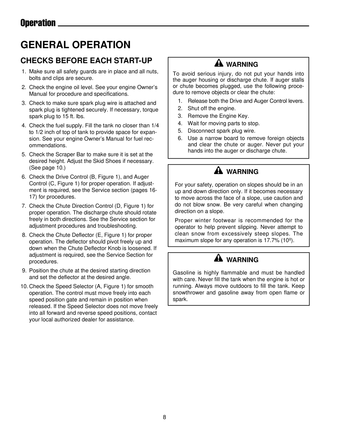 Simplicity 1693426 755E, 1693425 555M, 1693164 755M, 1693161 555M, 1693162 755E manual Operation, Checks Before Each START-UP 