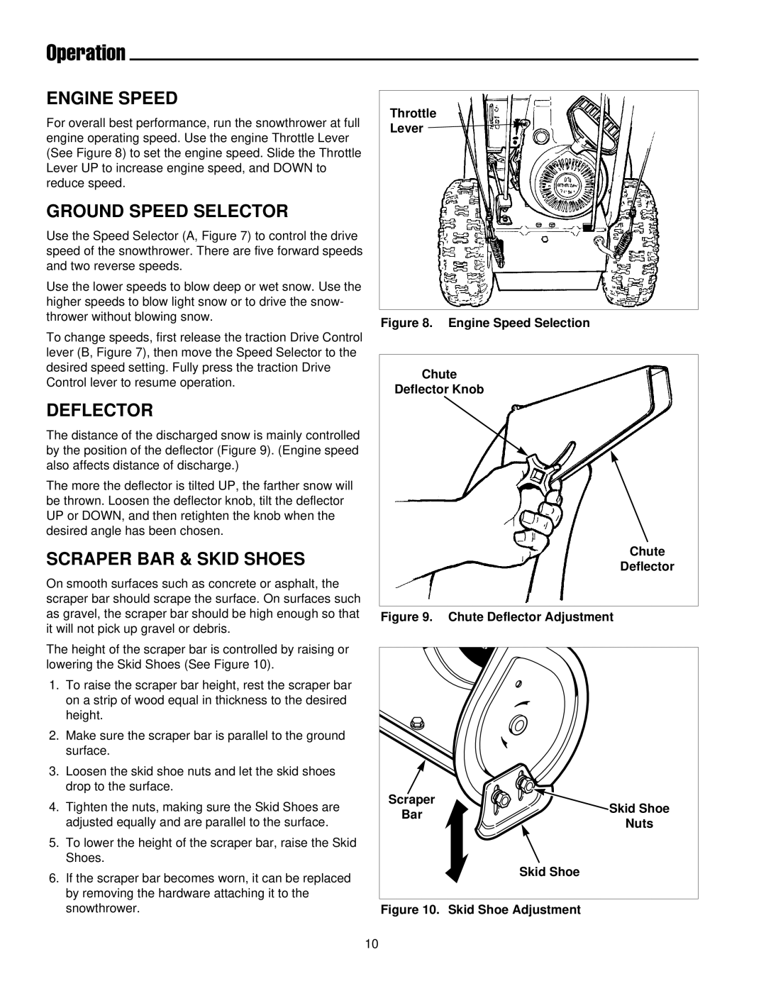 Simplicity 1693164 755M, 1693426 755E manual Engine Speed, Ground Speed Selector, Deflector, Scraper BAR & Skid Shoes 