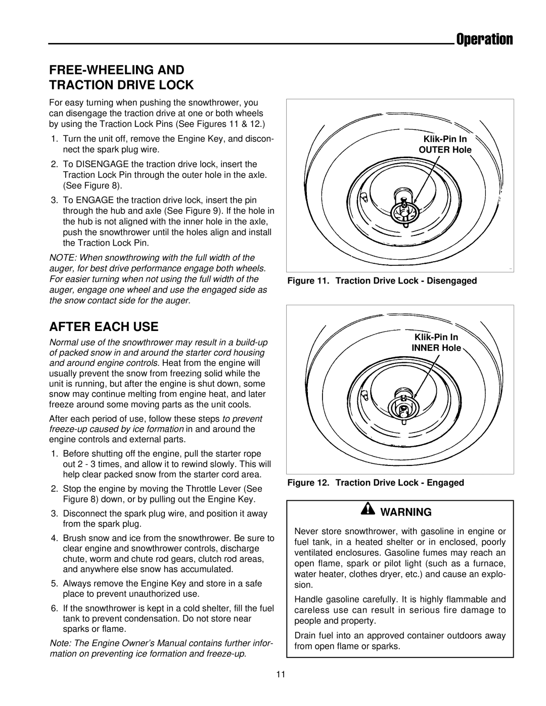 Simplicity 1693161 555M manual FREE-WHEELING Traction Drive Lock, After Each USE, Klik-Pin Outer Hole, Klik-Pin Inner Hole 