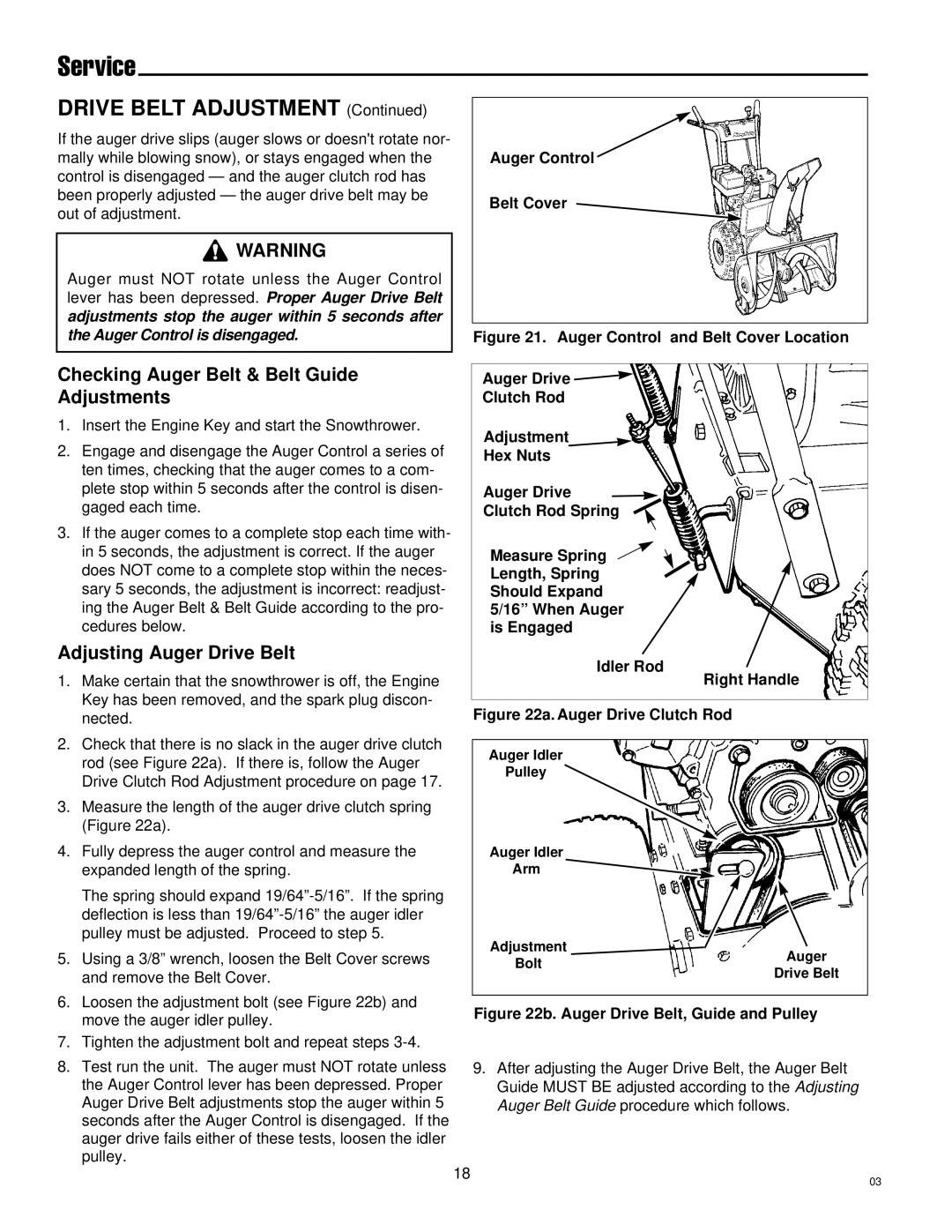 Simplicity 1693162 755E Checking Auger Belt & Belt Guide Adjustments, Adjusting Auger Drive Belt, Auger Control Belt Cover 