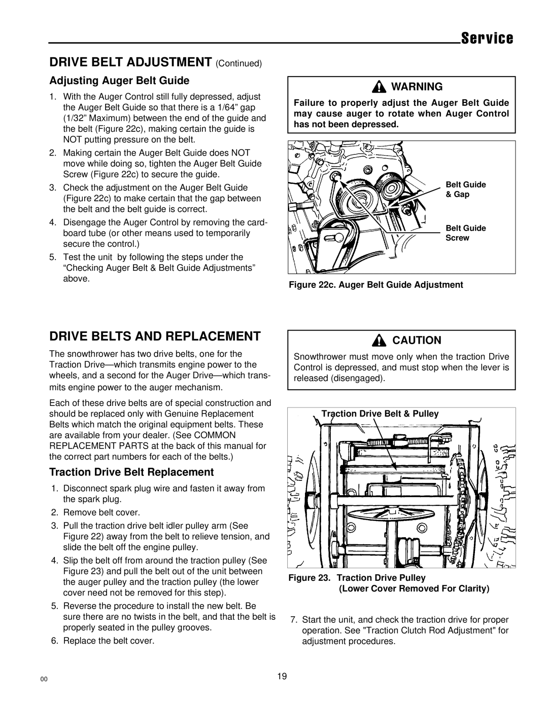 Simplicity 1693163 555M manual Drive Belts and Replacement, Adjusting Auger Belt Guide, Traction Drive Belt Replacement 