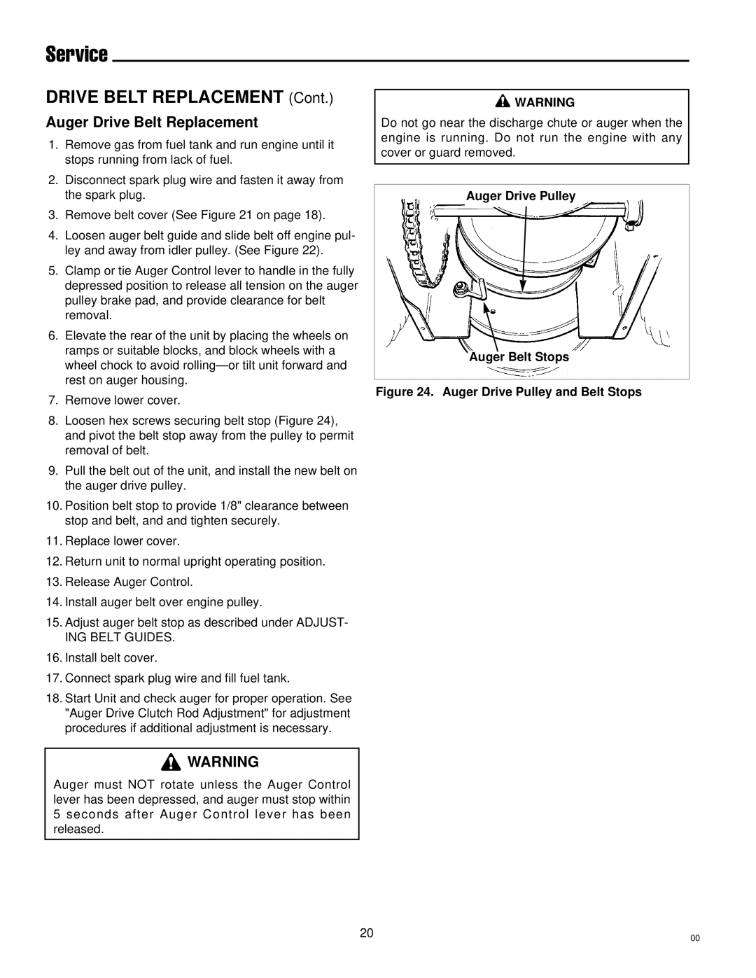 Simplicity 1693426 755E, 1693425 555M, 1693164 755M manual Auger Drive Belt Replacement, Auger Drive Pulley Auger Belt Stops 