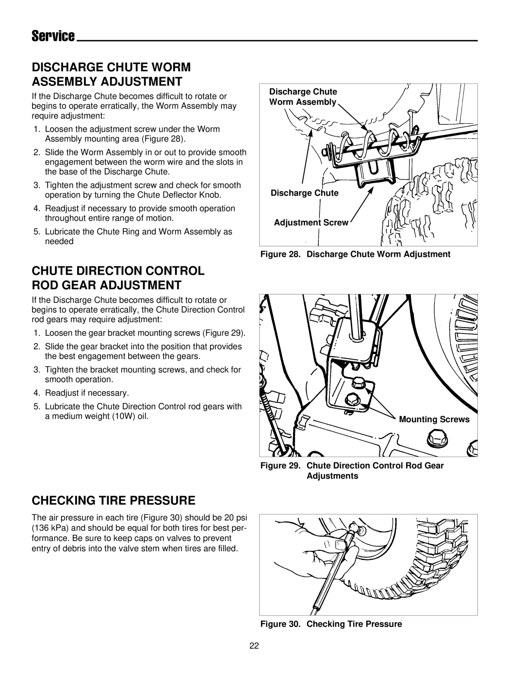 Simplicity 1693164 755M, 1693426 755E Discharge Chute Worm Assembly Adjustment, Checking Tire Pressure, Mounting Screws 