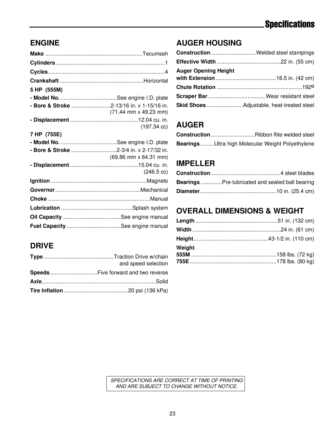 Simplicity 1693161 555M, 1693426 755E, 1693425 555M Engine, Drive, Auger Housing, Impeller, Overall Dimensions & Weight 