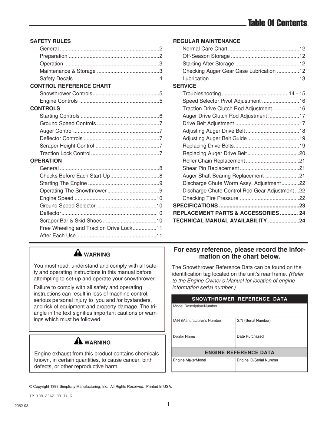 Simplicity 1693163 555M, 1693426 755E, 1693425 555M, 1693164 755M, 1693161 555M, 1693162 755E manual Table Of Contents 