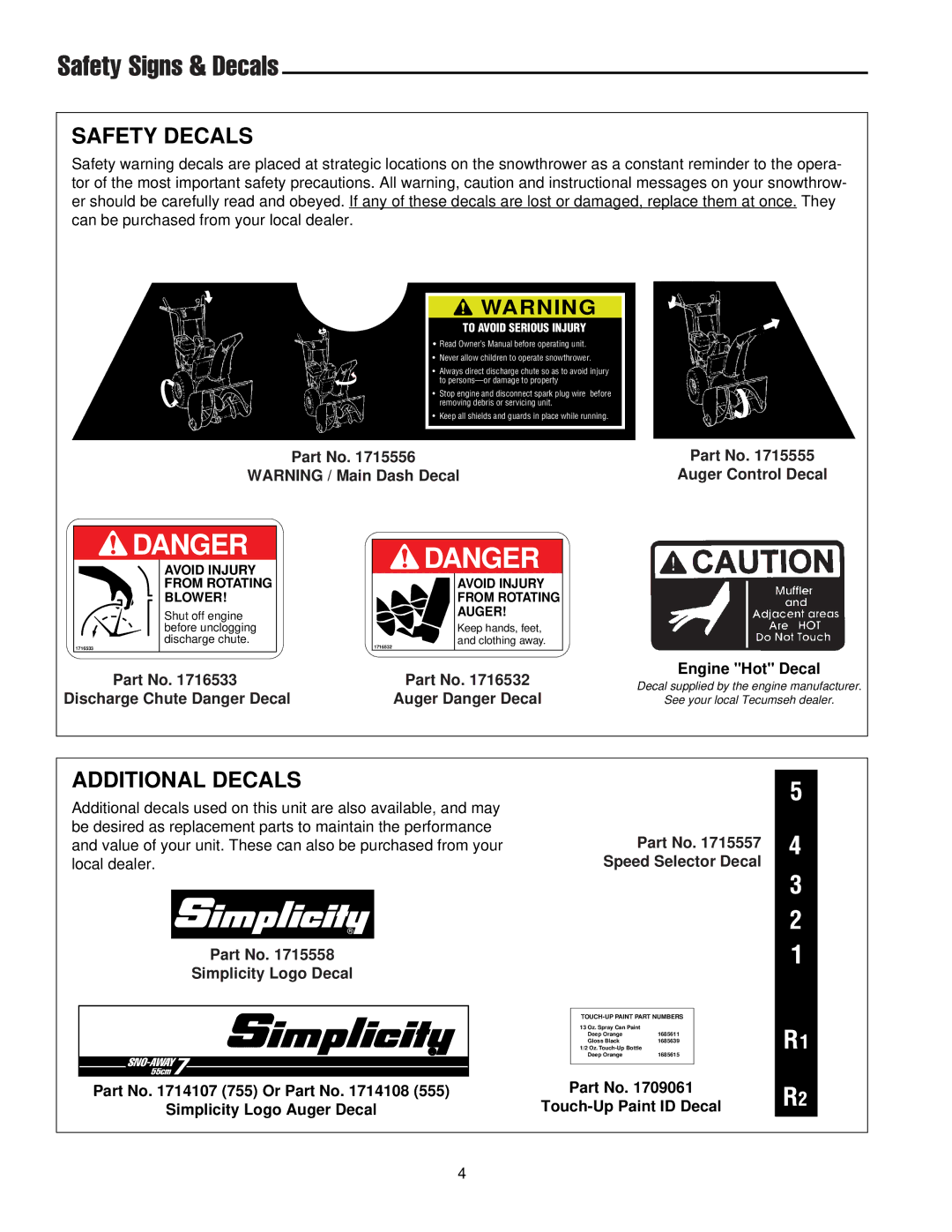 Simplicity 1693164 755M, 1693426 755E, 1693425 555M, 1693161 555M Safety Signs & Decals, Safety Decals, Additional Decals 