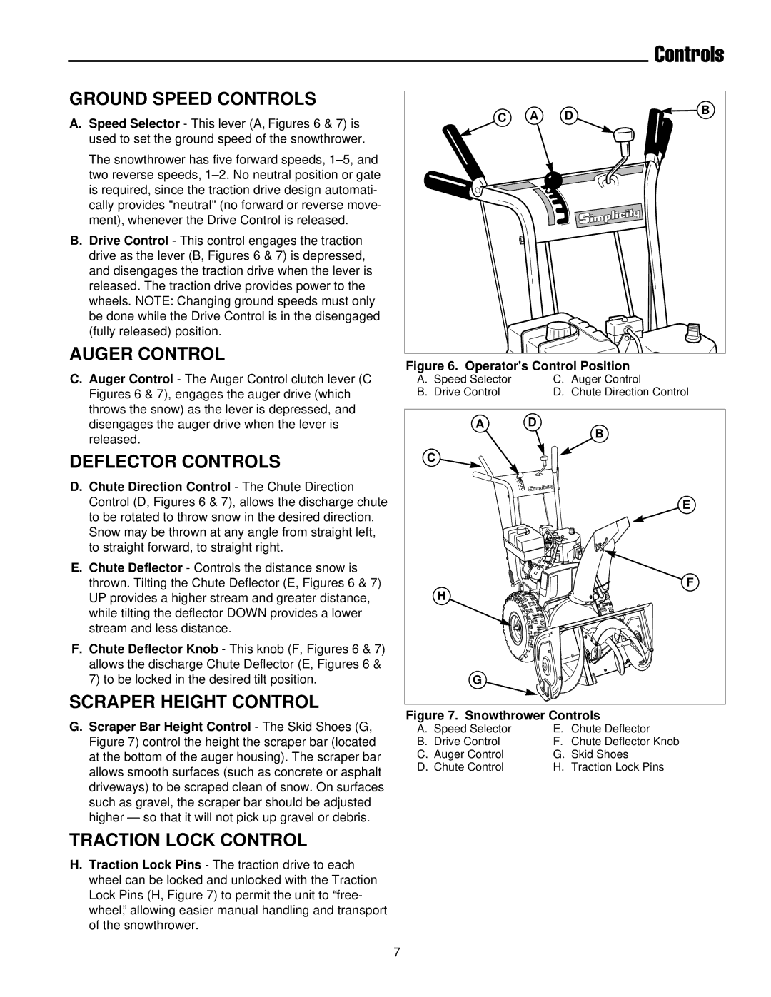 Simplicity 1693646 555M, 1693647 555M Ground Speed Controls, Auger Control, Deflector Controls, Scraper Height Control 