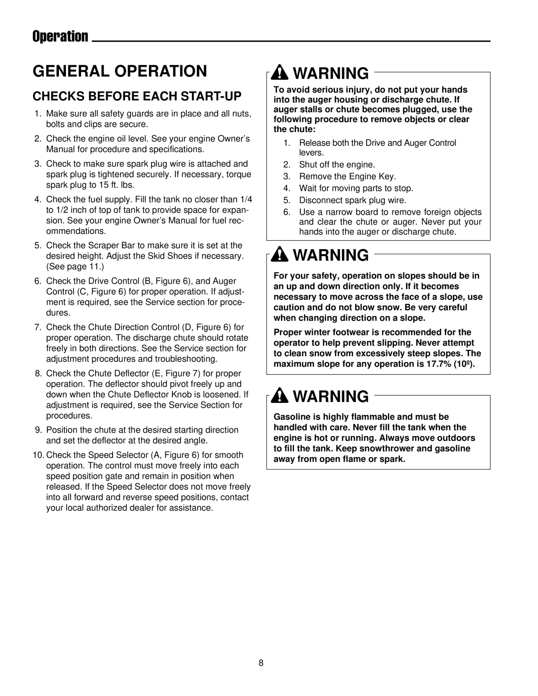 Simplicity 1693647 555M, 1693648 755M, 1693649 755M, 1693646 555M manual Operation, Checks Before Each START-UP 