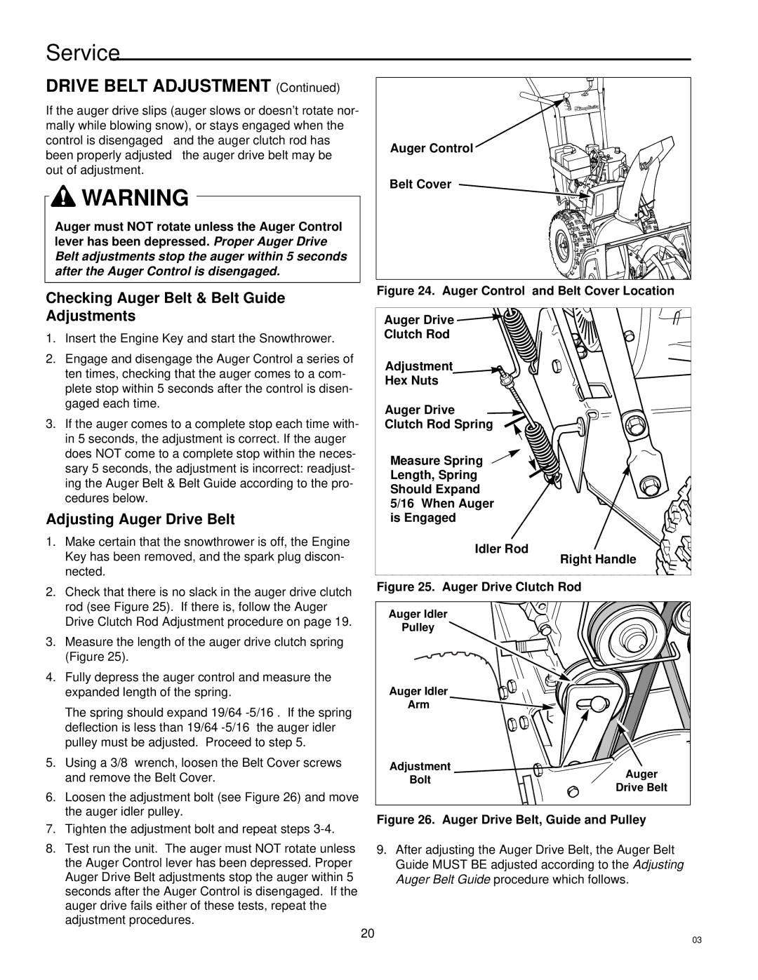 Simplicity 1693647 555M manual Checking Auger Belt & Belt Guide Adjustments, Adjusting Auger Drive Belt, Auger Control 