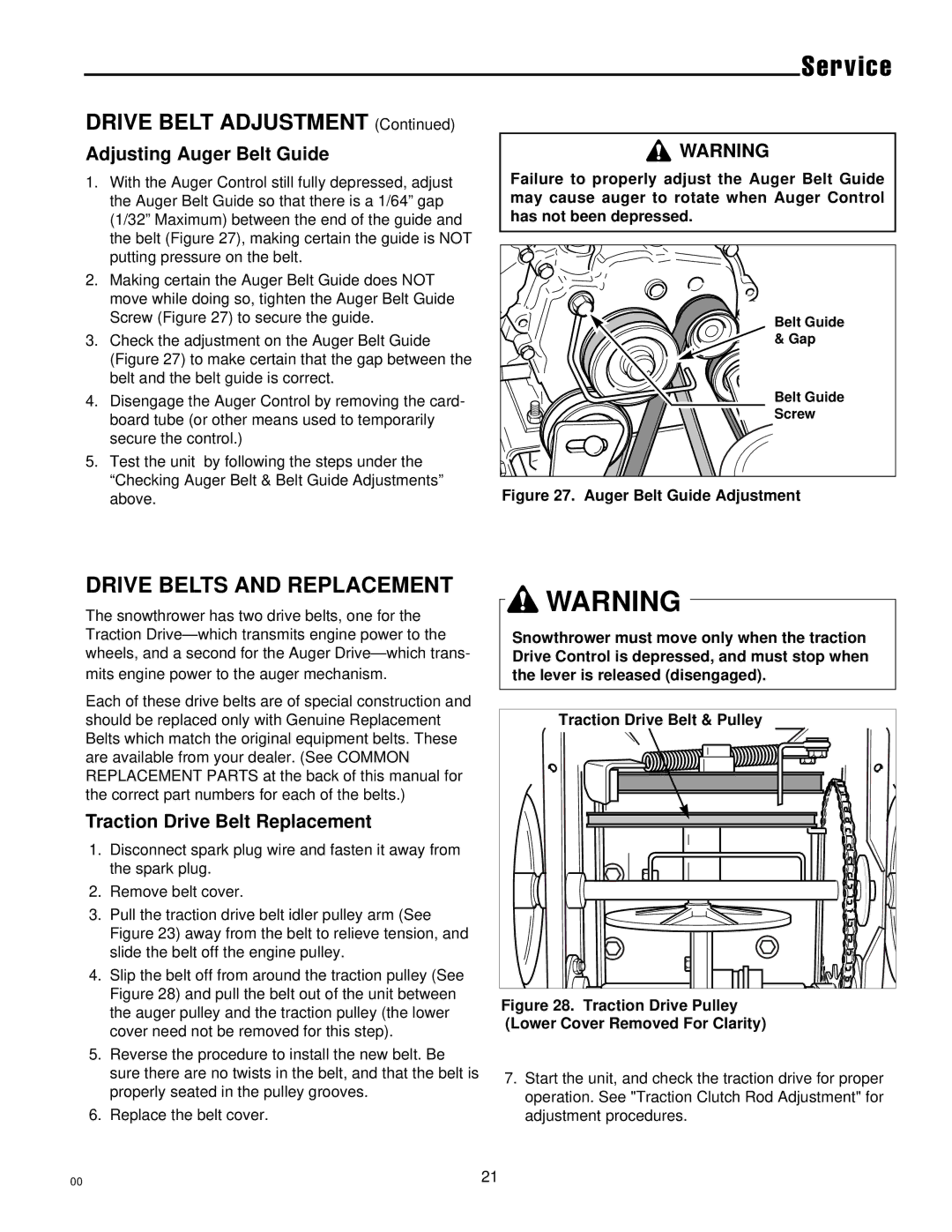 Simplicity 1693648 755M manual Drive Belts and Replacement, Adjusting Auger Belt Guide, Traction Drive Belt Replacement 