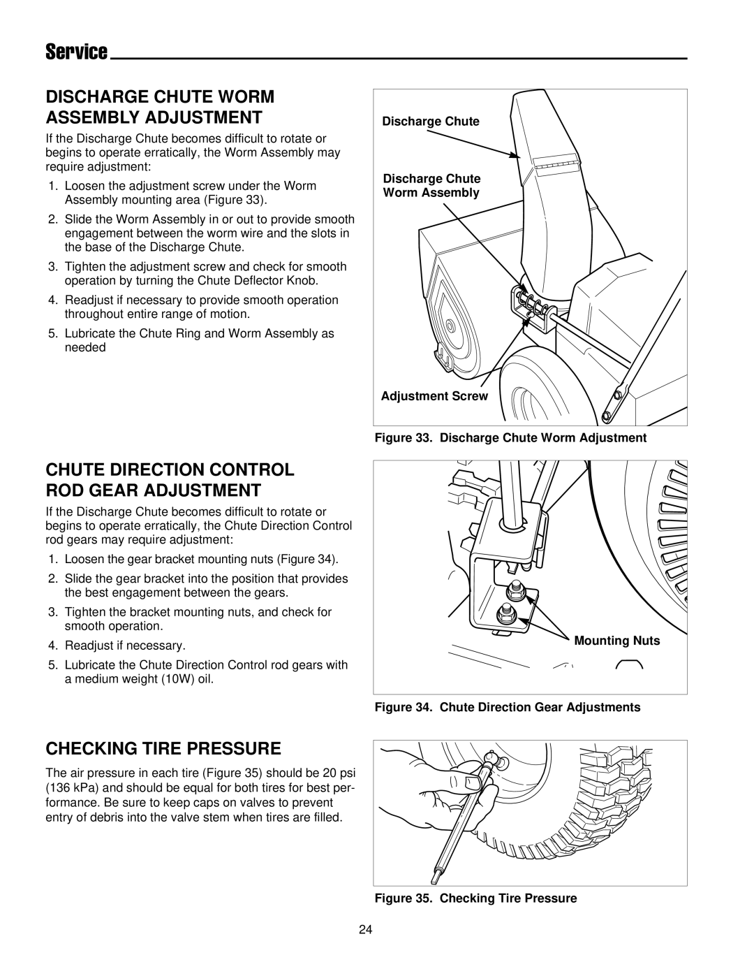 Simplicity 1693647 555M, 1693648 755M, 1693649 755M manual Discharge Chute Worm Assembly Adjustment, Checking Tire Pressure 