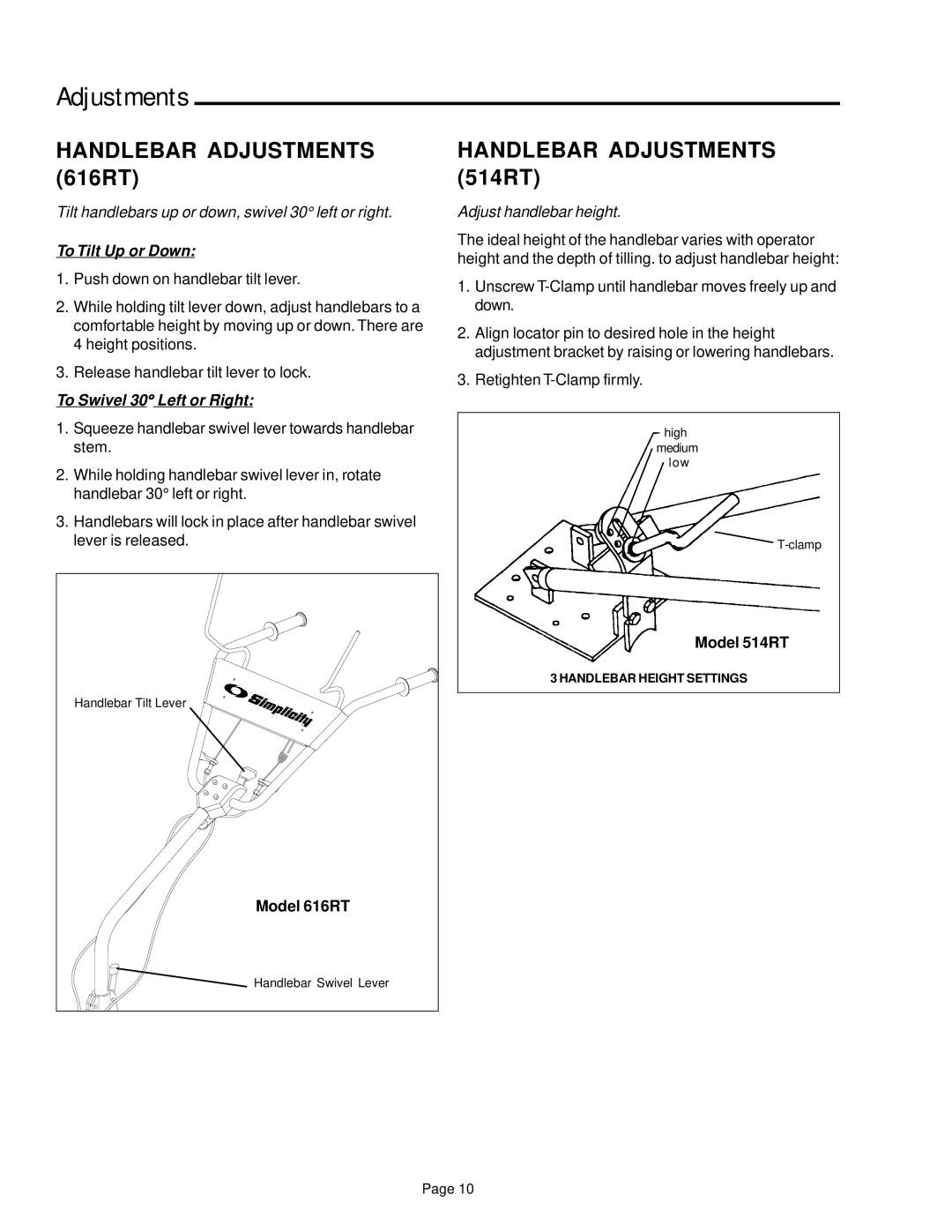 Simplicity 1693207, 1693705, 1693704 manual Handlebar Adjustments 616RT, Handlebar Adjustments 514RT 