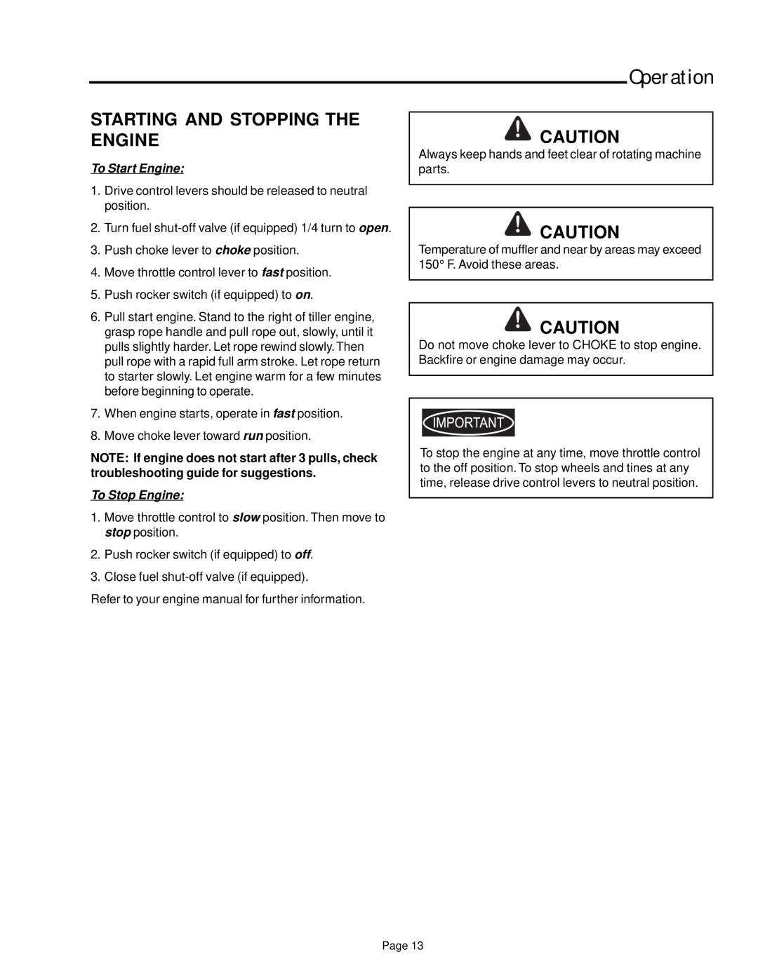 Simplicity 1693207, 1693705, 1693704 manual Starting and Stopping the Engine, To Start Engine 