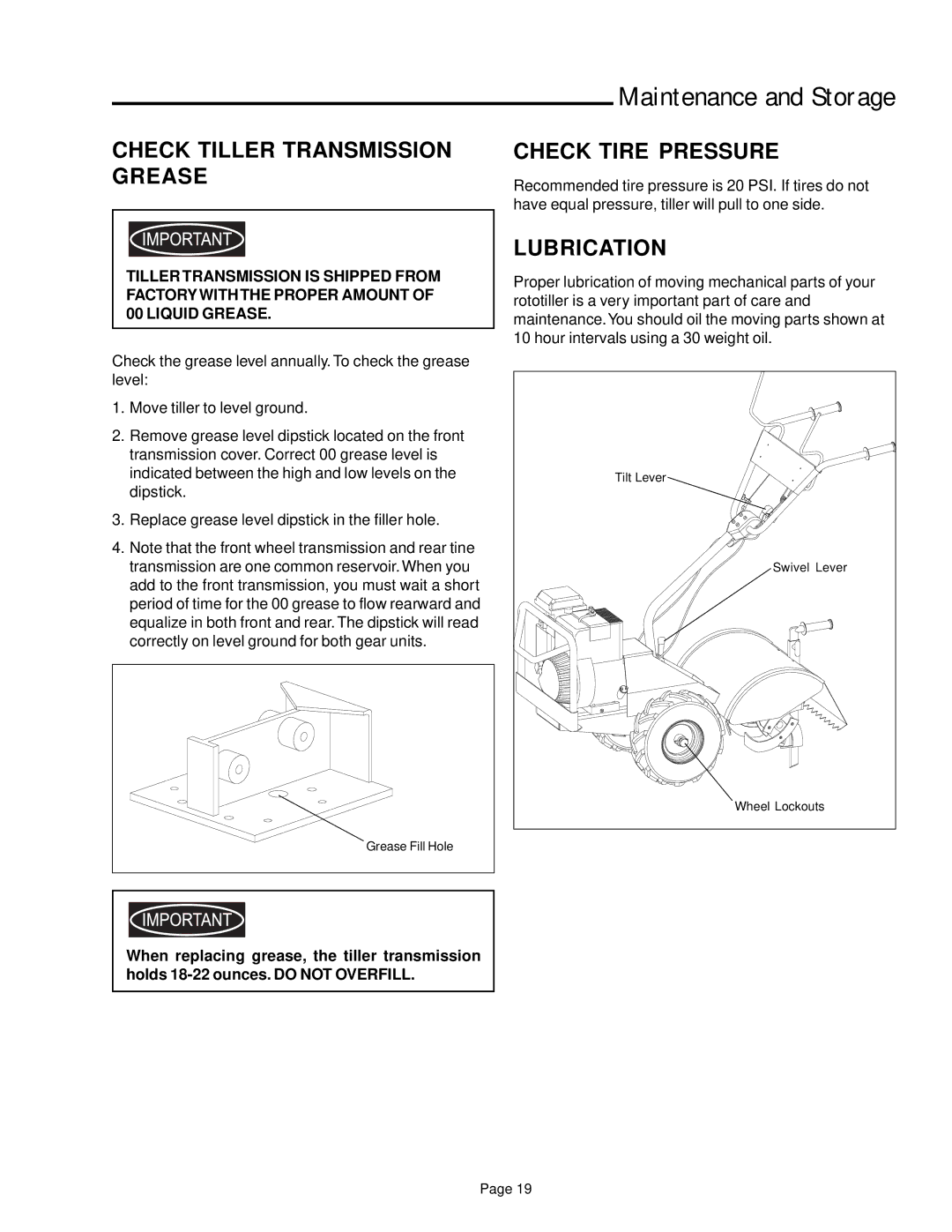 Simplicity 1693207, 1693705, 1693704 manual Check Tiller Transmission Grease, Check Tire Pressure, Lubrication 