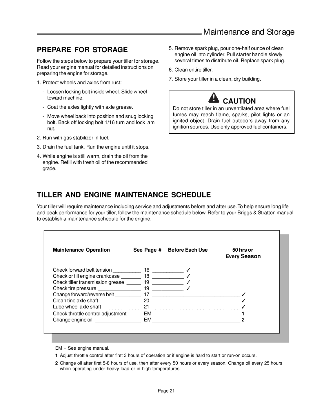 Simplicity 1693704, 1693705, 1693207 manual Prepare for Storage, Tiller and Engine Maintenance Schedule 