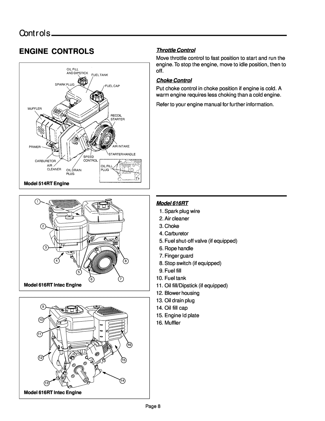 Simplicity 1693705, 1693704, 1693207 manual Engine Controls, Throttle Control, Choke Control, Model 616RT 