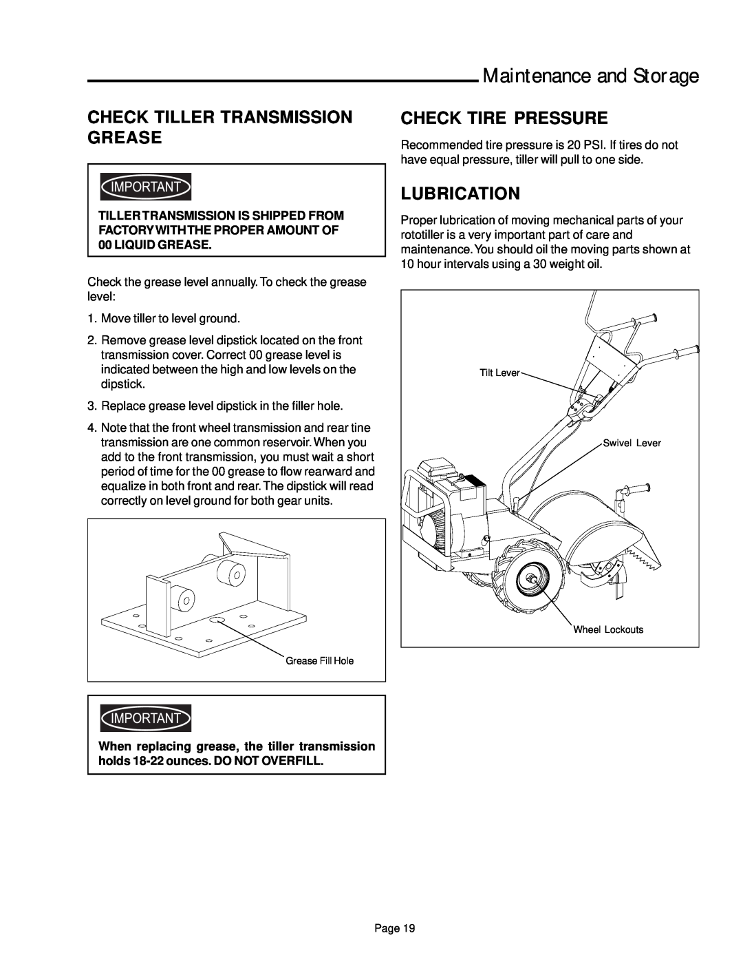 Simplicity 1693207, 1693705 Check Tiller Transmission Grease, Check Tire Pressure, Lubrication, Maintenance and Storage 