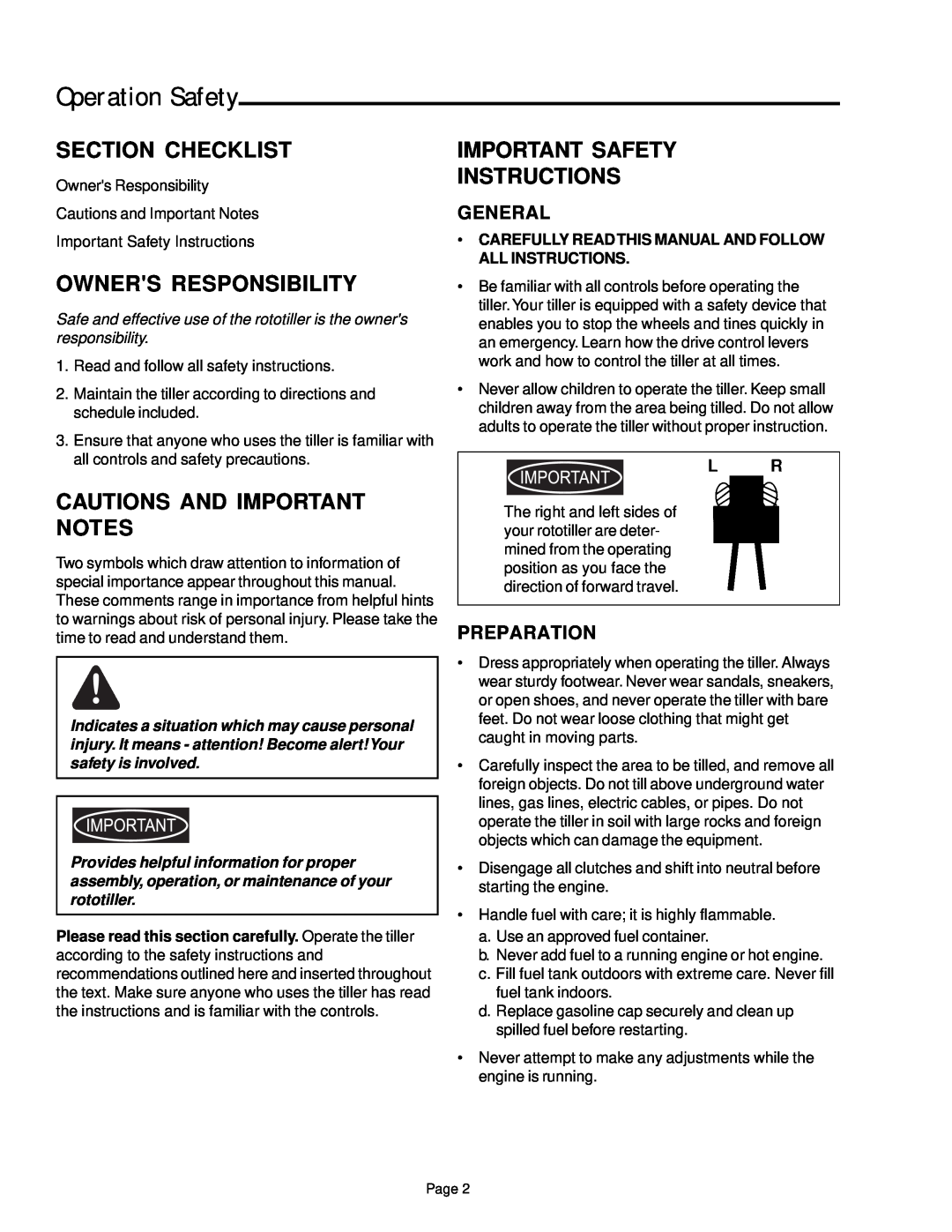 Simplicity 1693705 manual Operation Safety, Section Checklist, Owners Responsibility, Cautions And Important Notes, General 