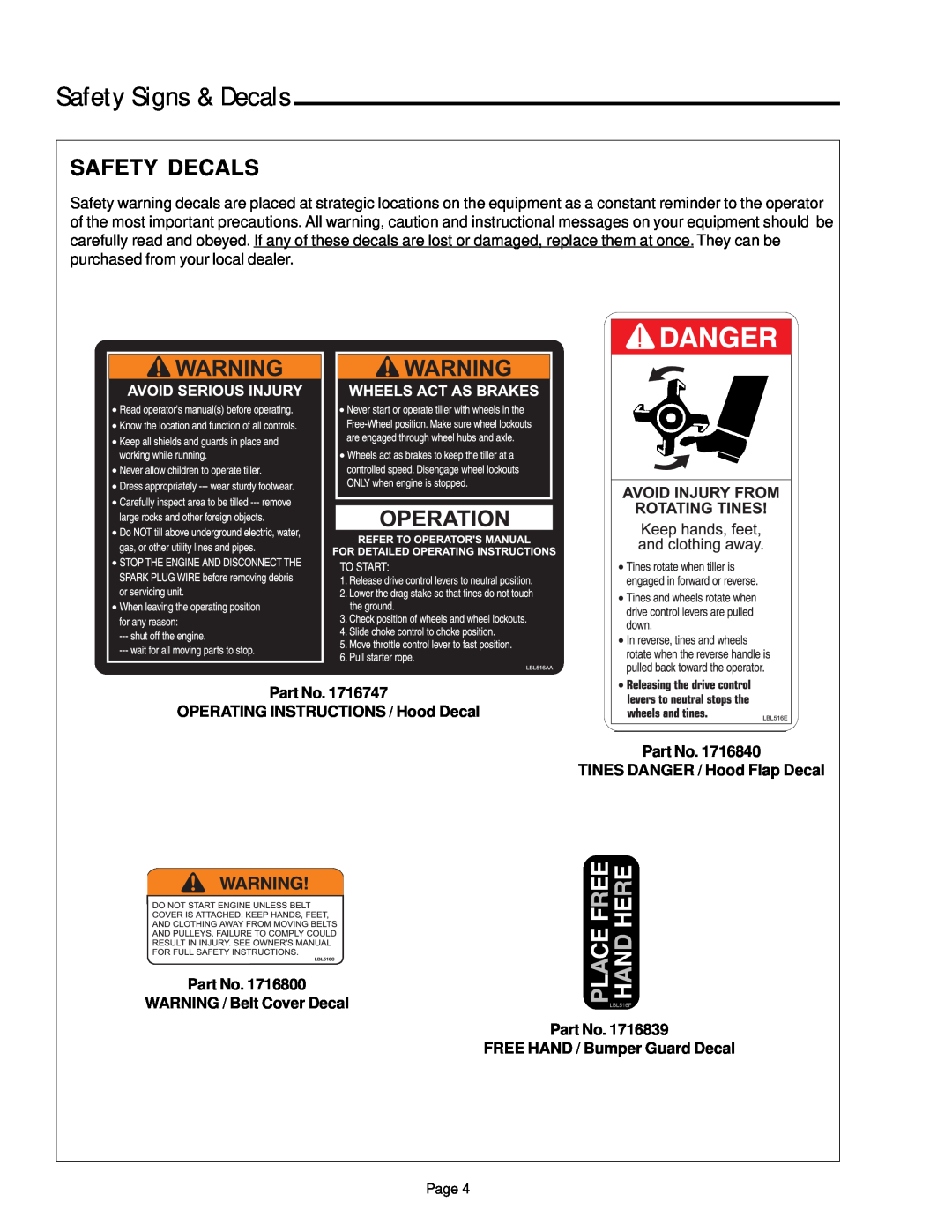 Simplicity 1693207 Safety Signs & Decals, Safety Decals, OPERATING INSTRUCTIONS / Hood Decal, WARNING / Belt Cover Decal 