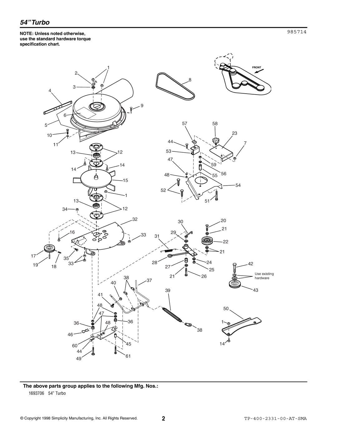 Simplicity 1693706 manual 54Turbo, Above parts group applies to the following Mfg. Nos 