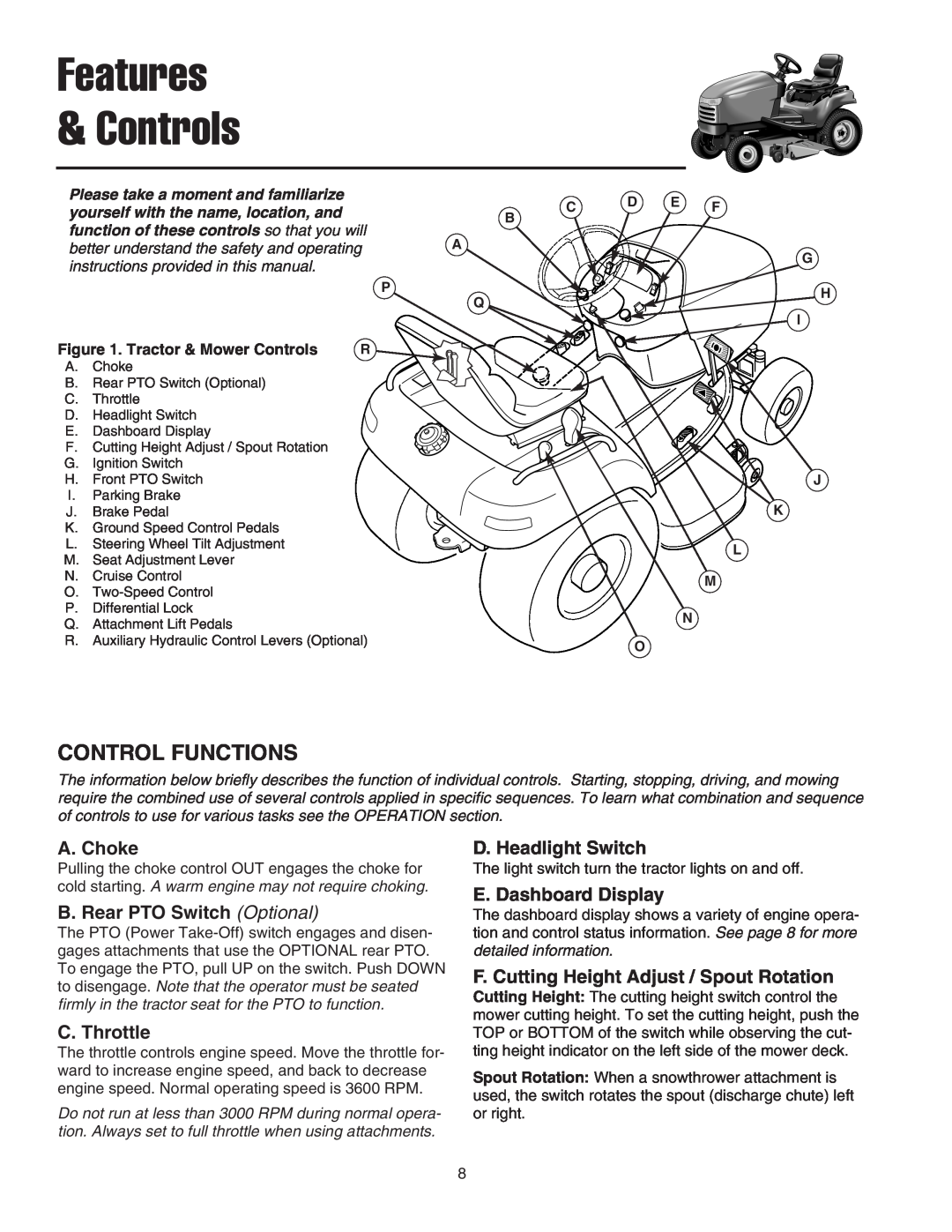 Simplicity 1693136, 1693738 Features & Controls, Control Functions, A. Choke, B. Rear PTO Switch Optional, C. Throttle 