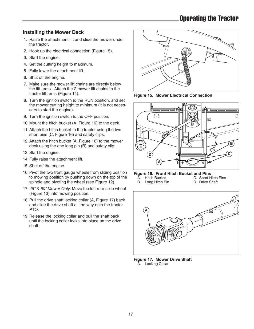 Simplicity 1693112 Installing the Mower Deck, Operating the Tractor, Mower Electrical Connection, Mower Drive Shaft 