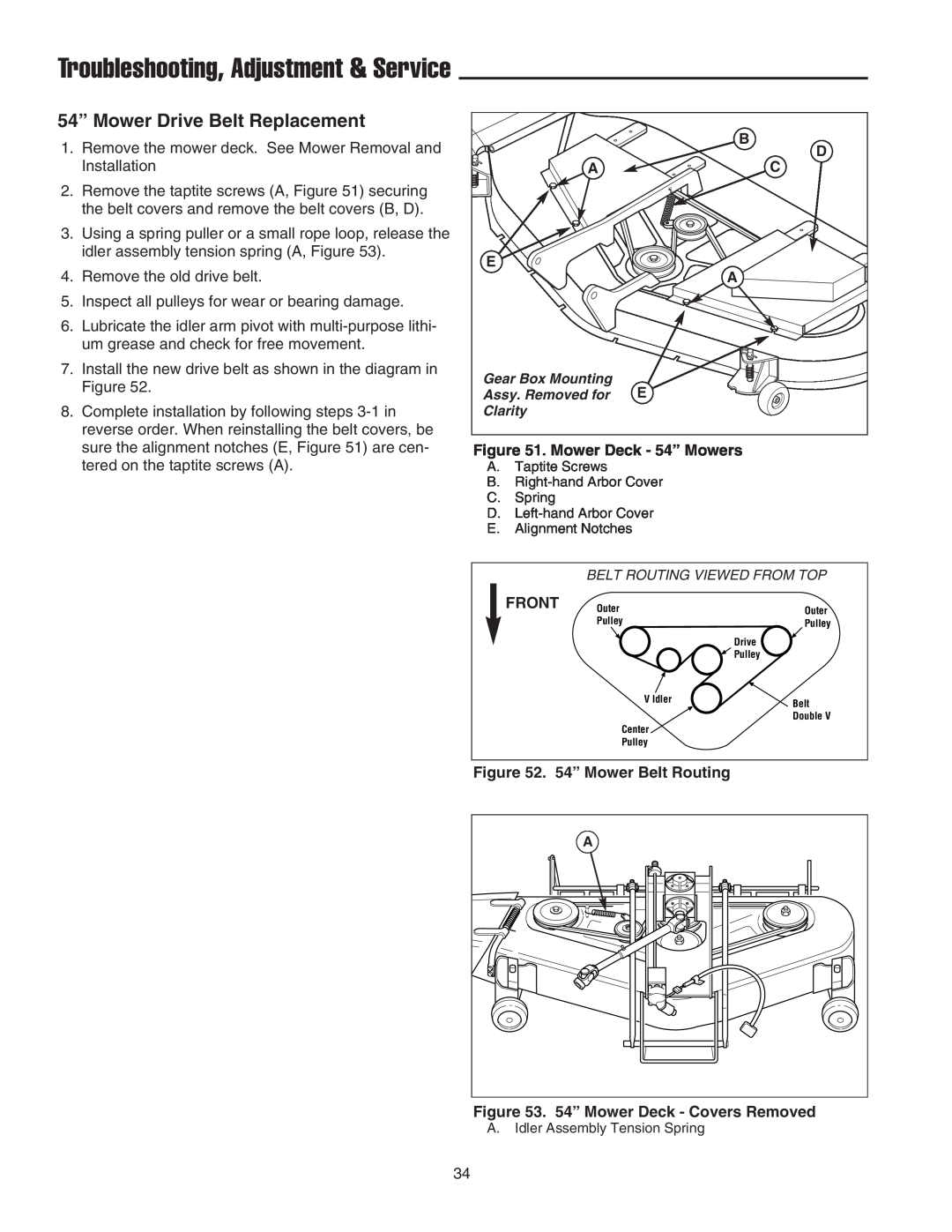 Simplicity 1693138 54” Mower Drive Belt Replacement, Troubleshooting, Adjustment & Service, Mower Deck - 54” Mowers, Front 