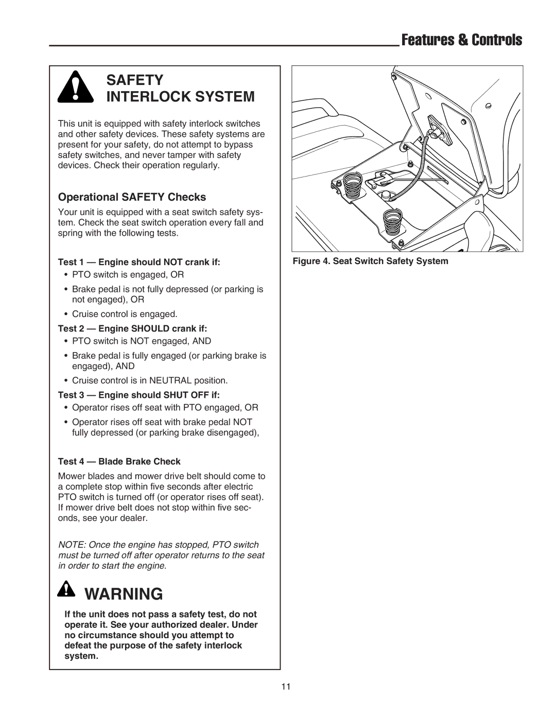 Simplicity 1693114, 1693738 Operational Safety Checks, Test 1 Engine should not crank if, Test 2 Engine should crank if 