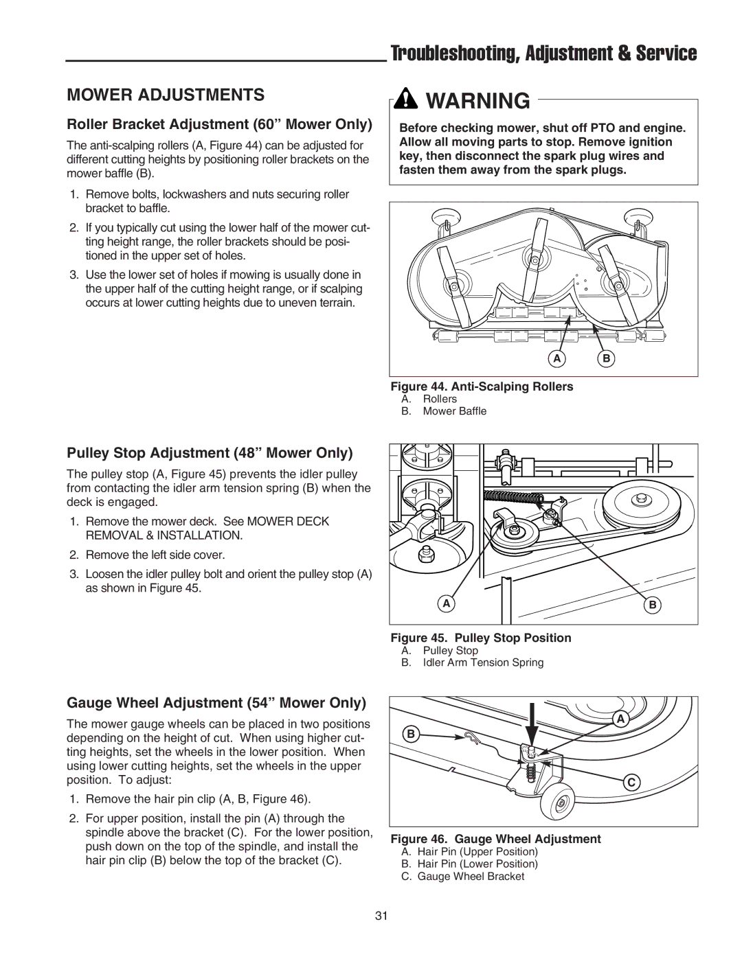 Simplicity 1693562 Mower Adjustments, Roller Bracket Adjustment 60 Mower Only, Pulley Stop Adjustment 48 Mower Only 