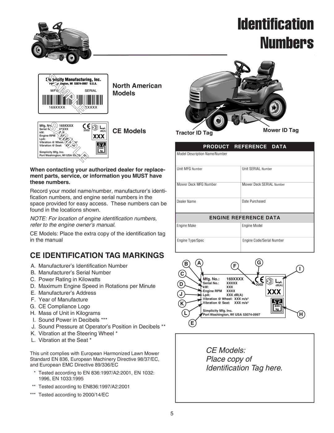 Simplicity 1693220, 1693738 CE Identification TAG Markings, North American, CE Models, Tractor ID Tag Mower ID Tag 