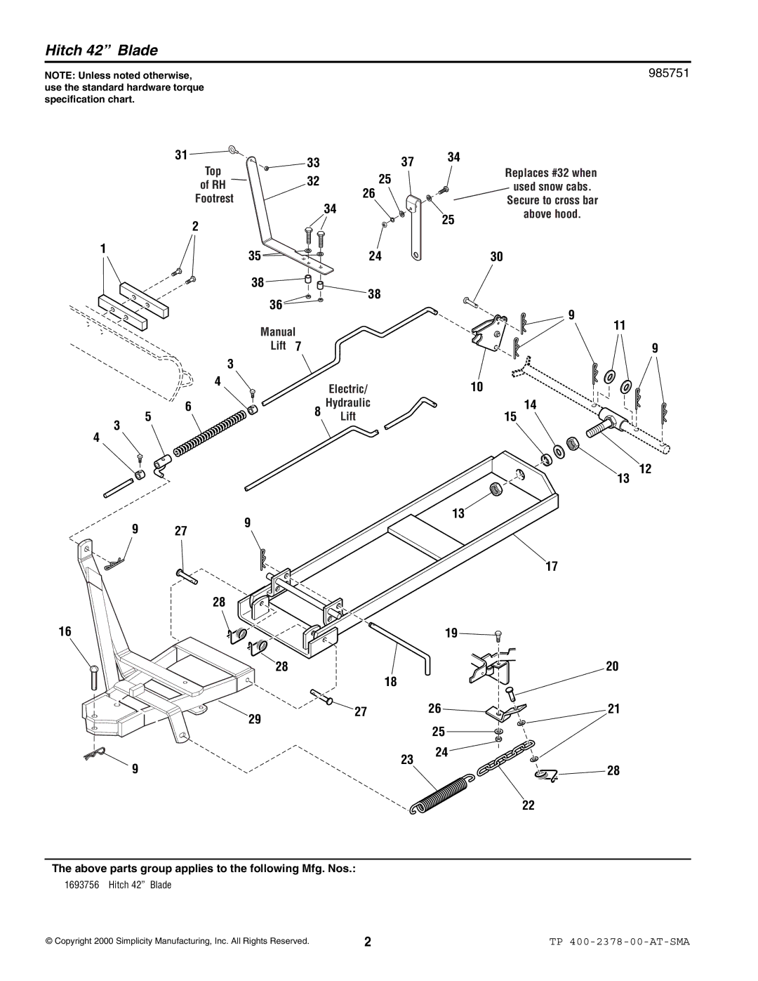 Simplicity 1693756 manual Top Footrest, Manual Lift, Above parts group applies to the following Mfg. Nos 