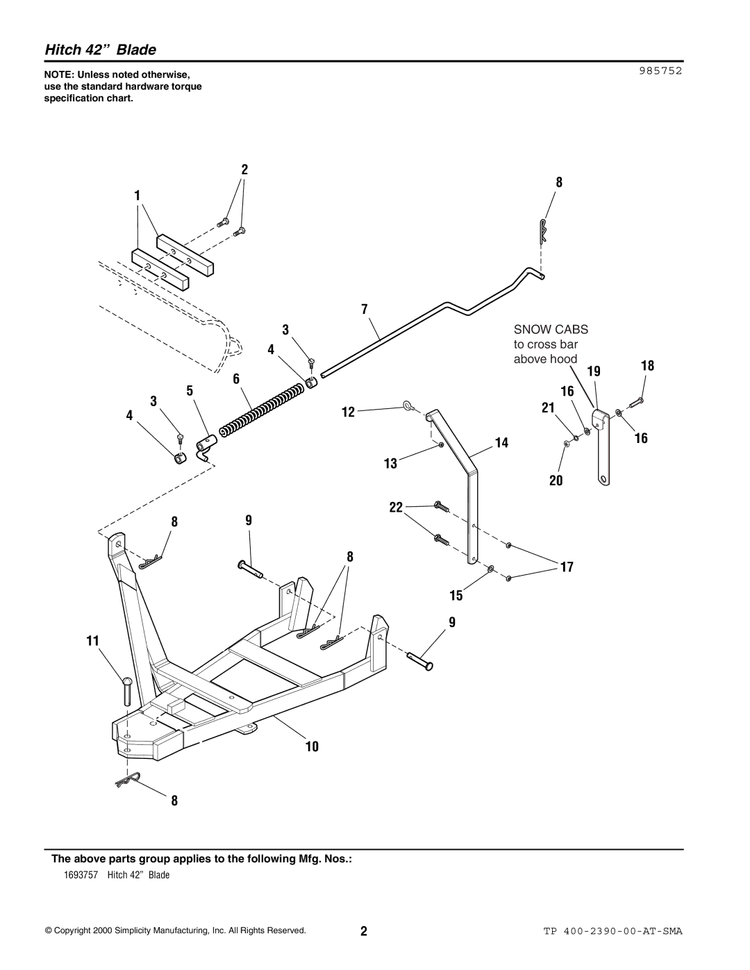 Simplicity 1693757 manual Hitch 42 Blade, Above parts group applies to the following Mfg. Nos 