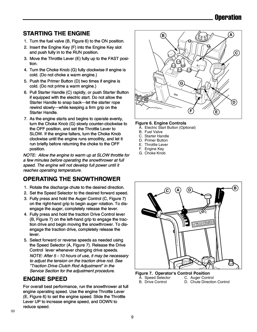 Simplicity 1693775 860M manual Starting The Engine, Operation, Operating The Snowthrower, Engine Speed, Engine Controls 