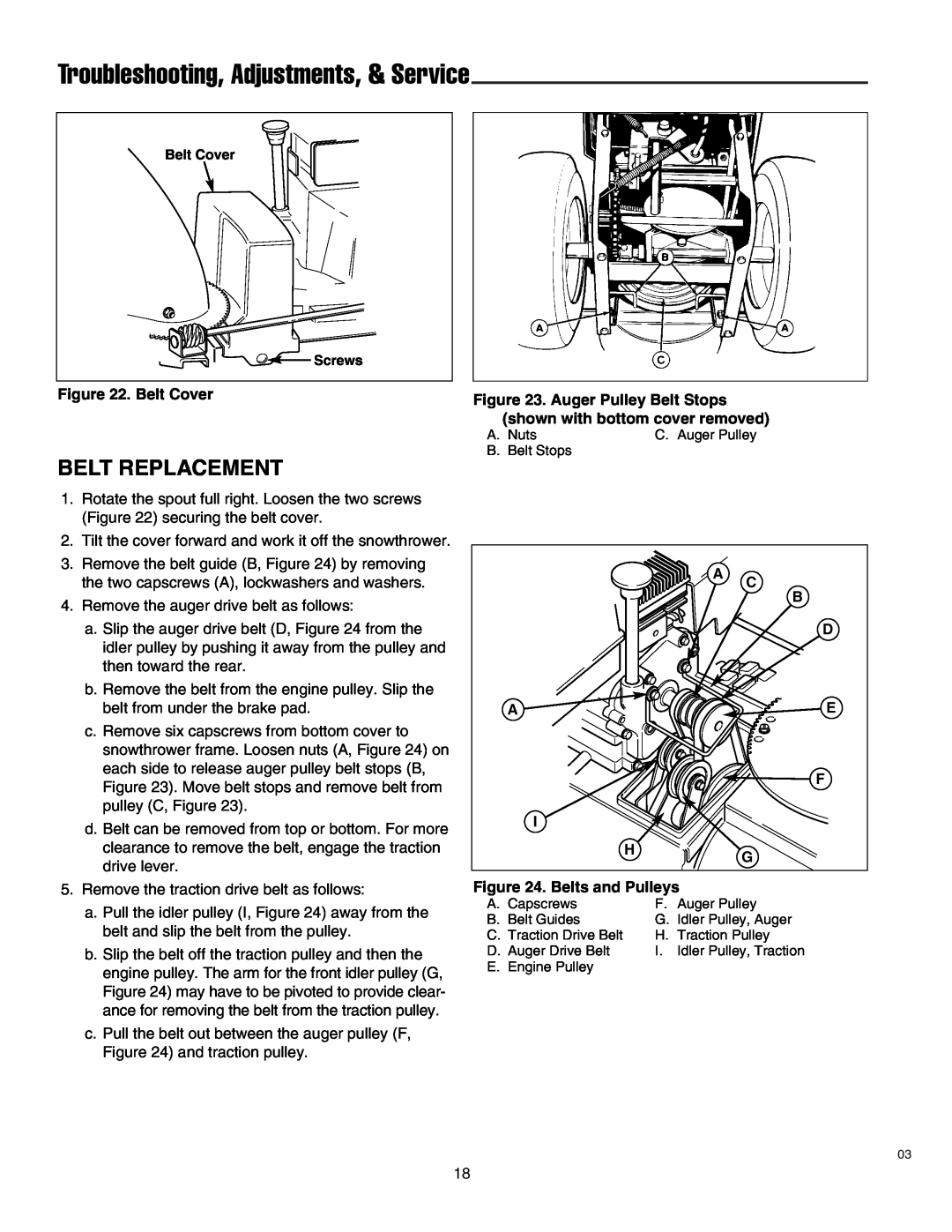 Simplicity 1693651 860M manual Belt Replacement, Troubleshooting, Adjustments, & Service, Belt Cover, Belts and Pulleys 