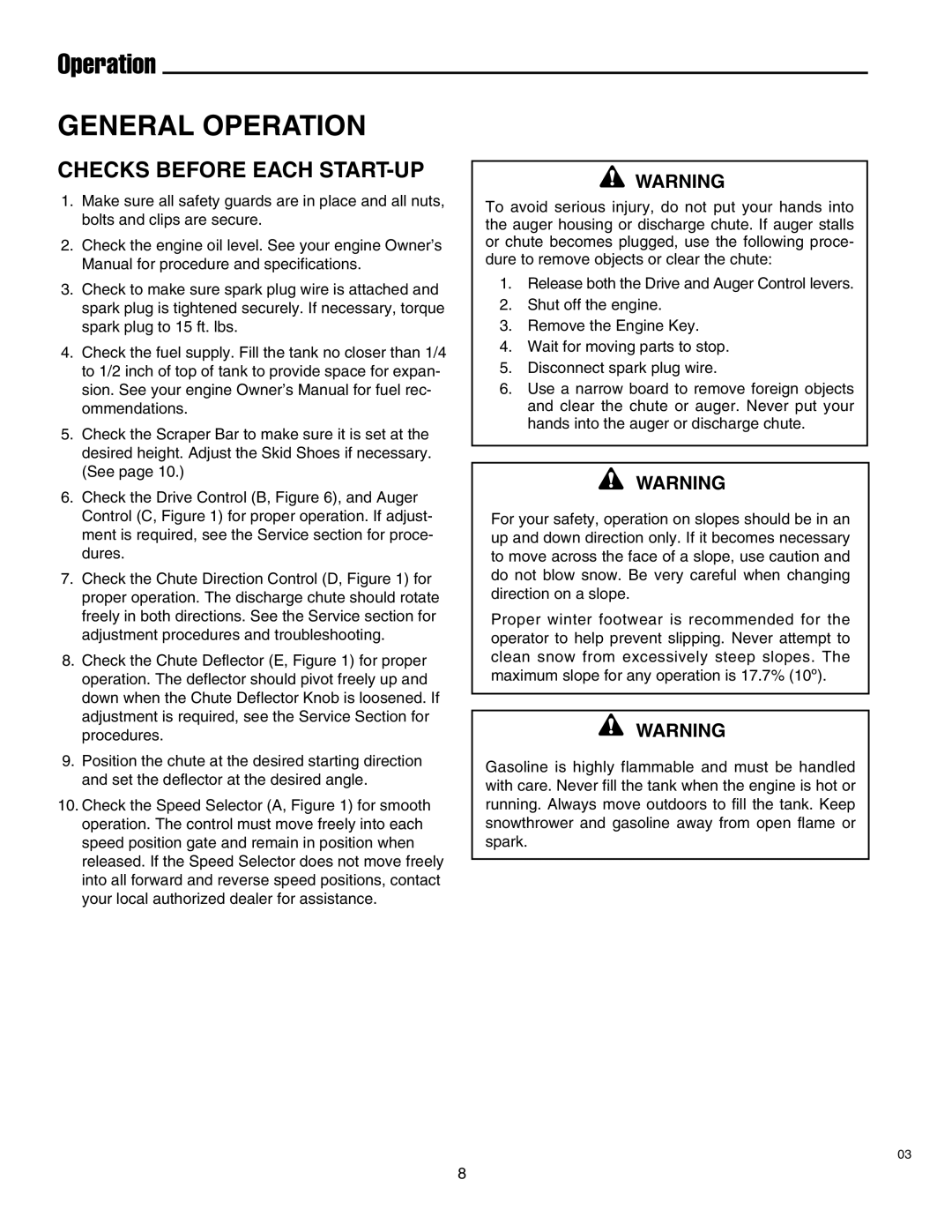 Simplicity 1693763 860M, 1693775 860M, 1693651 860M, 1693650 860M manual Operation, Checks Before Each START-UP 