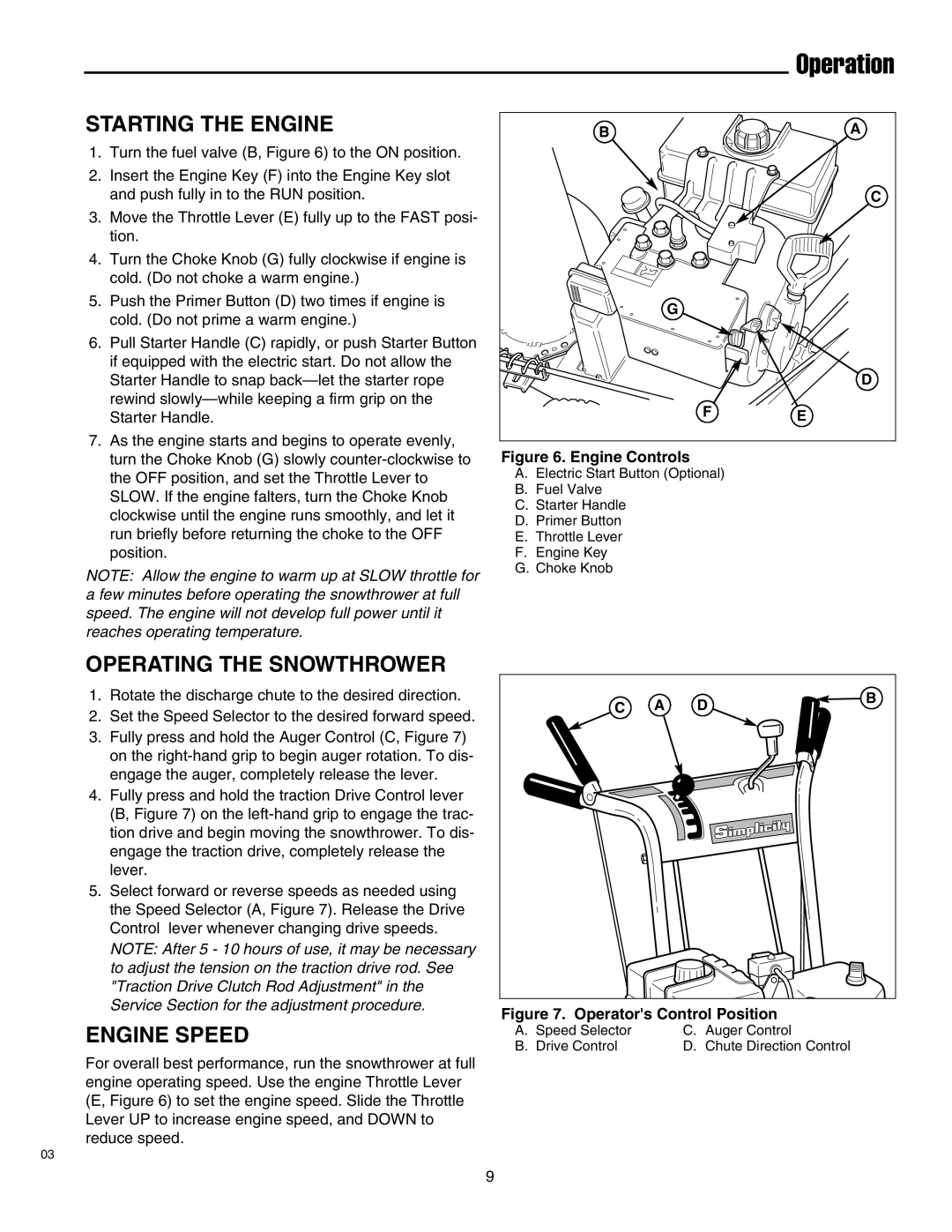 Simplicity 1693775 860M, 1693763 860M, 1693651 860M manual Starting the Engine, Operating the Snowthrower, Engine Speed 