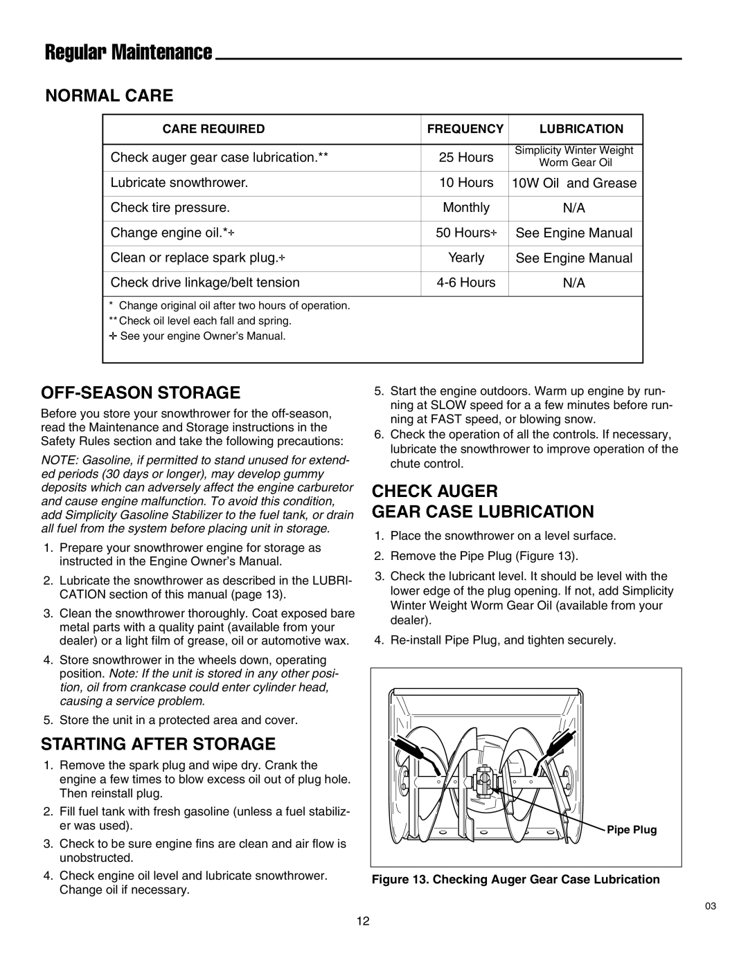 Simplicity 1693763 860M, 1693775 860M manual Regular Maintenance, Normal Care, OFF-SEASON Storage, Starting After Storage 