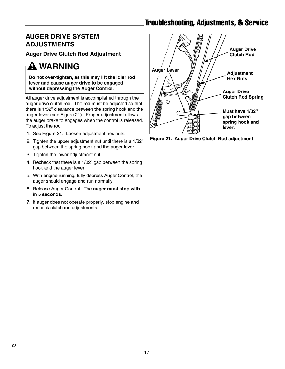 Simplicity 1693775 860M, 1693763 860M, 1693651 860M manual Auger Drive System Adjustments, Auger Drive Clutch Rod Adjustment 