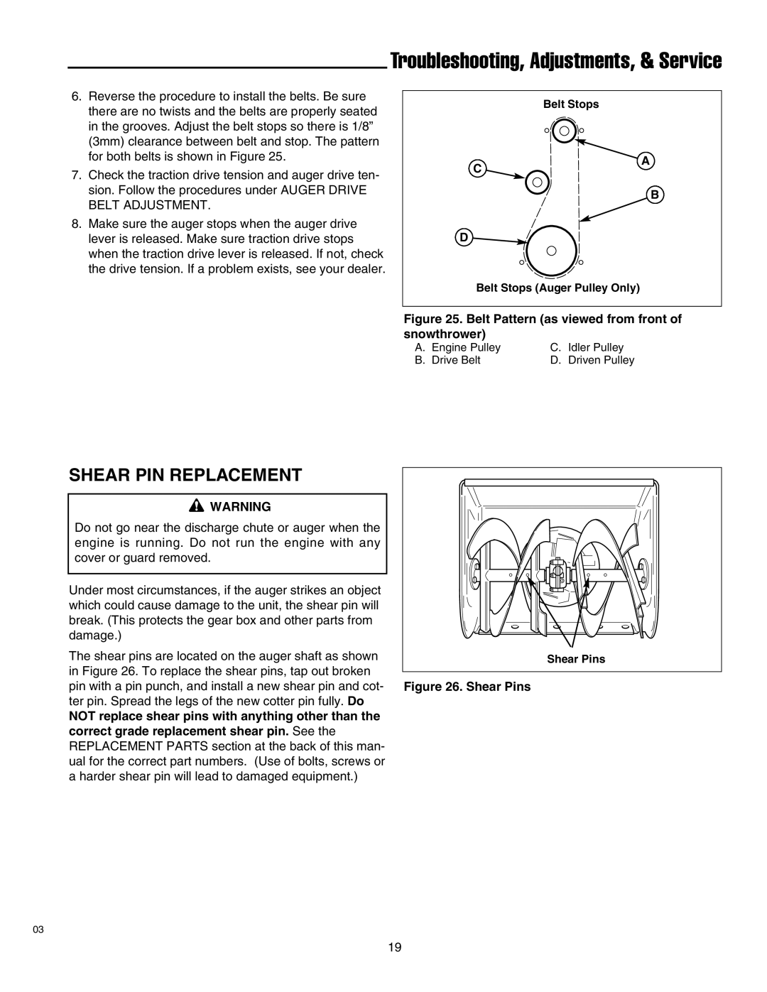 Simplicity 1693650 860M, 1693763 860M, 1693775 860M Shear PIN Replacement, Belt Pattern as viewed from front of snowthrower 