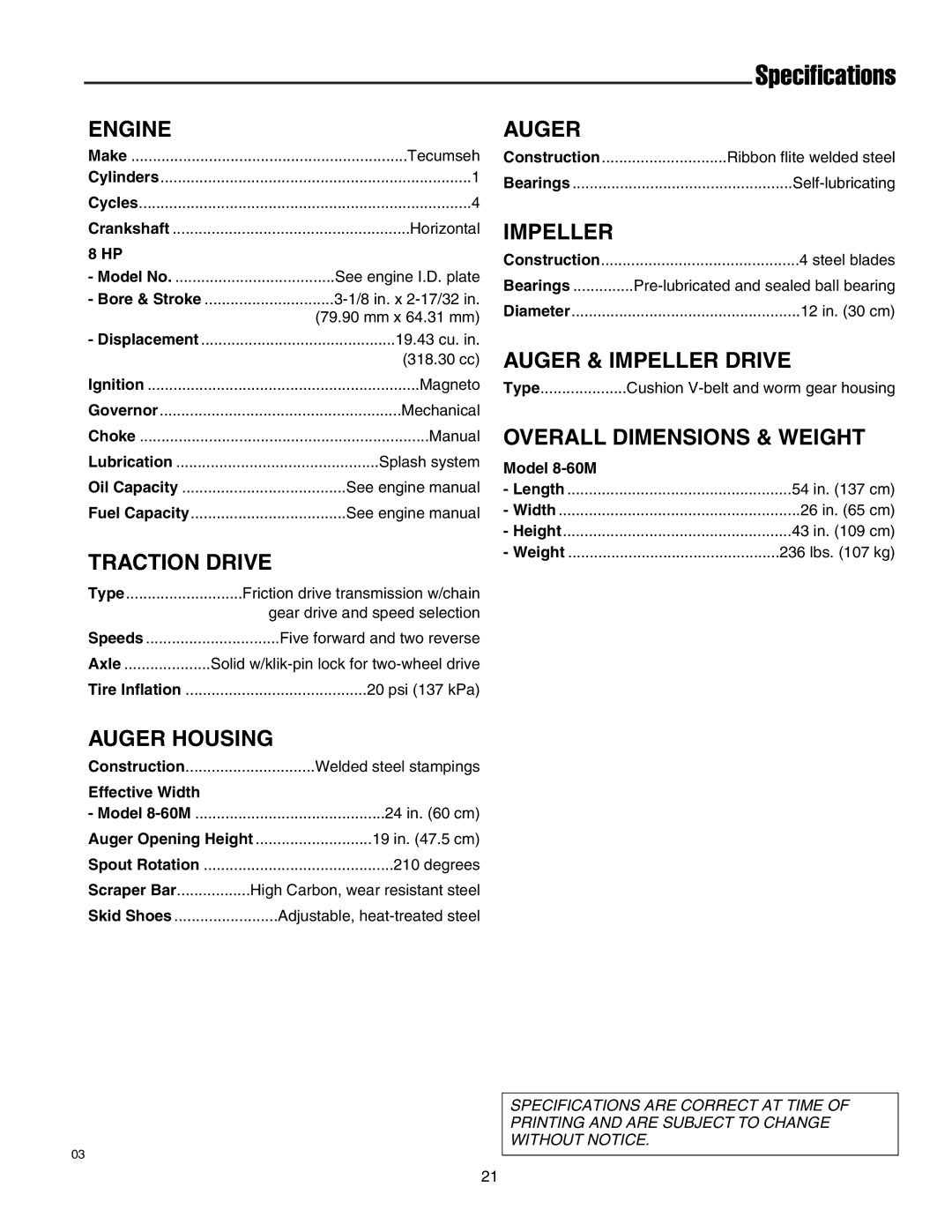 Simplicity 1693775 860M Engine, Traction Drive, Auger Housing, Auger & Impeller Drive, Overall Dimensions & Weight 