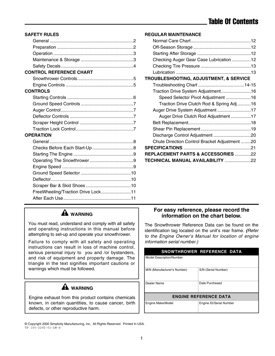 Simplicity 1693775 860M, 1693763 860M, 1693651 860M, 1693650 860M manual Table Of Contents 