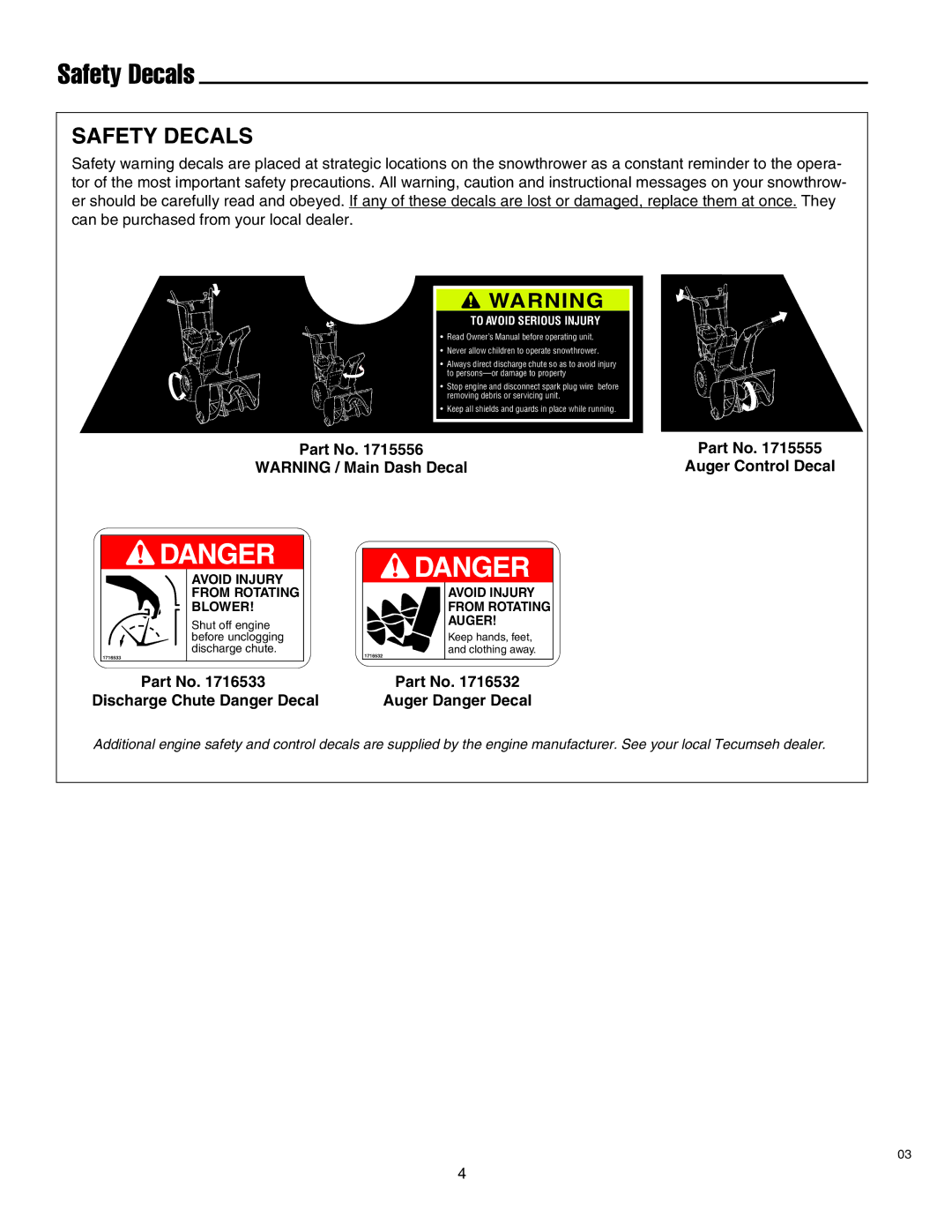 Simplicity 1693763 860M, 1693775 860M Safety Decals, Auger Control Decal, Discharge Chute Danger Decal, Auger Danger Decal 