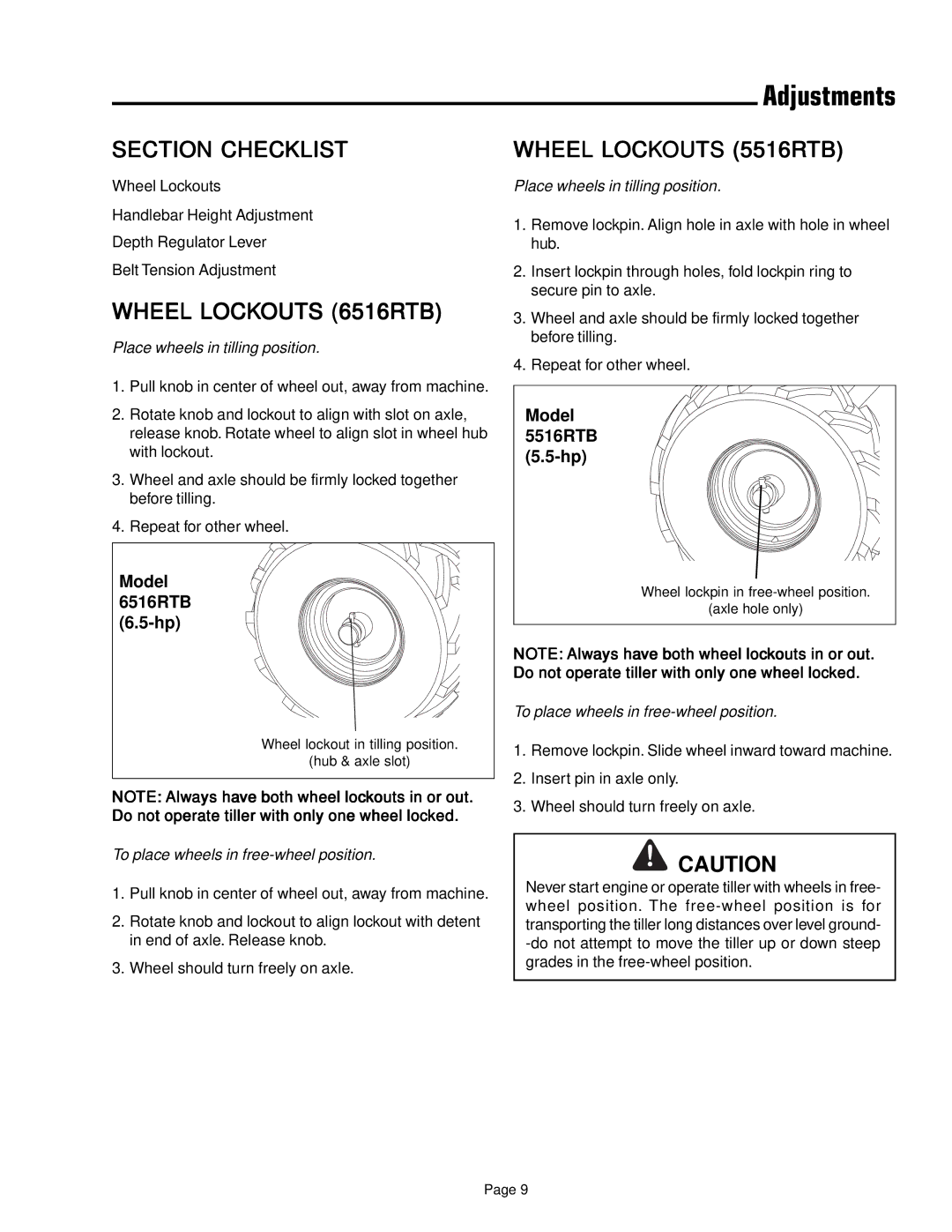 Simplicity 1693847 manual Adjustments, Wheel Lockouts 6516RTB, Wheel Lockouts 5516RTB 