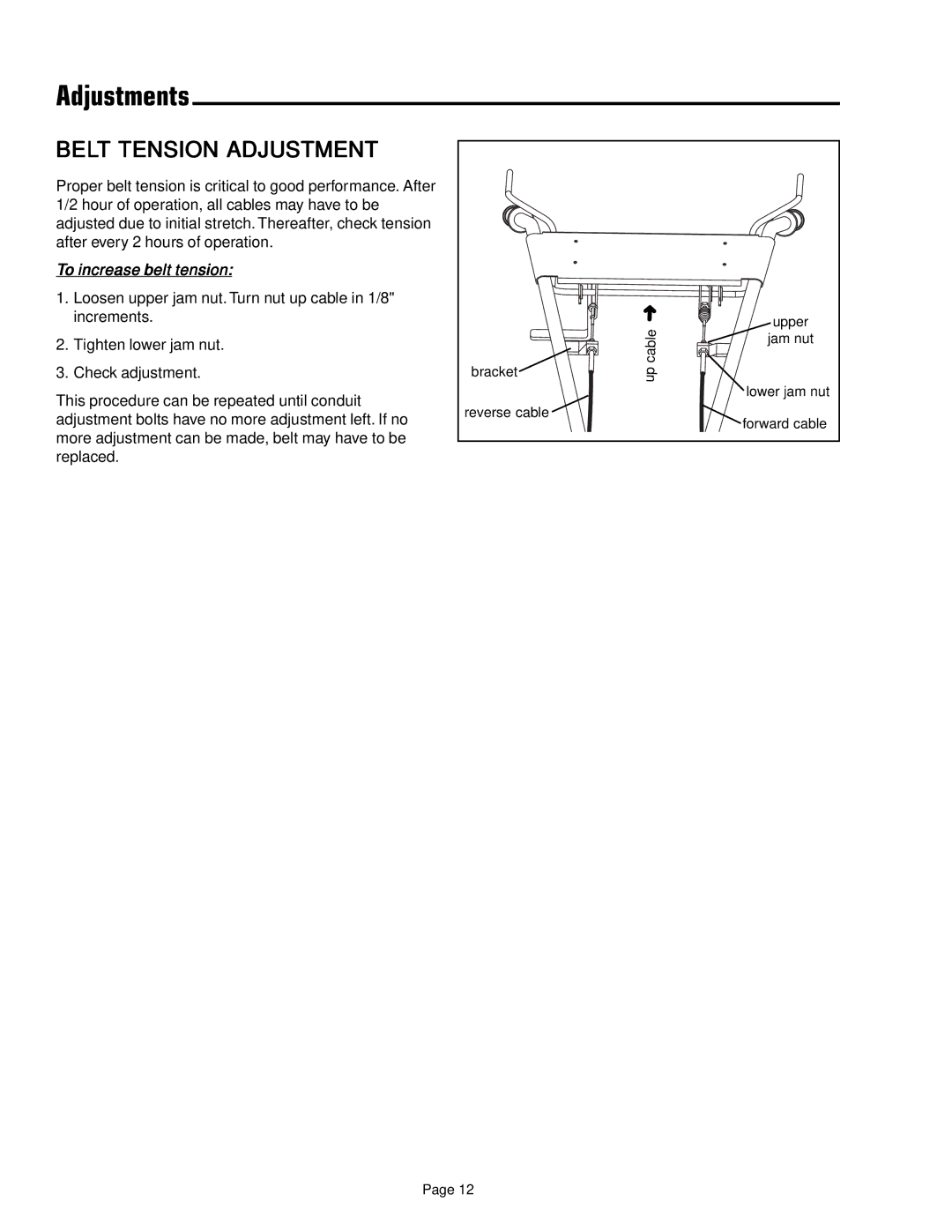 Simplicity 1693847 manual Belt Tension Adjustment, To increase belt tension 