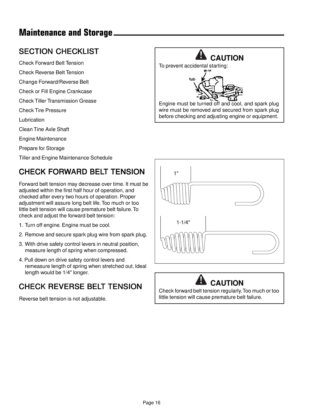 Simplicity 1693847 manual Maintenance and Storage, Check Forward Belt Tension, Check Reverse Belt Tension 